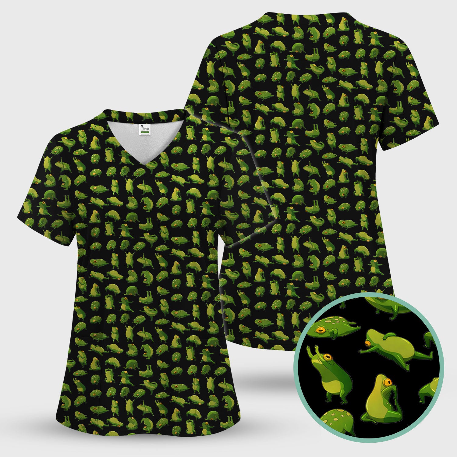Cute Frog Cartoon Pattern Scrub Top, Comfortable Scrubs for Nurses