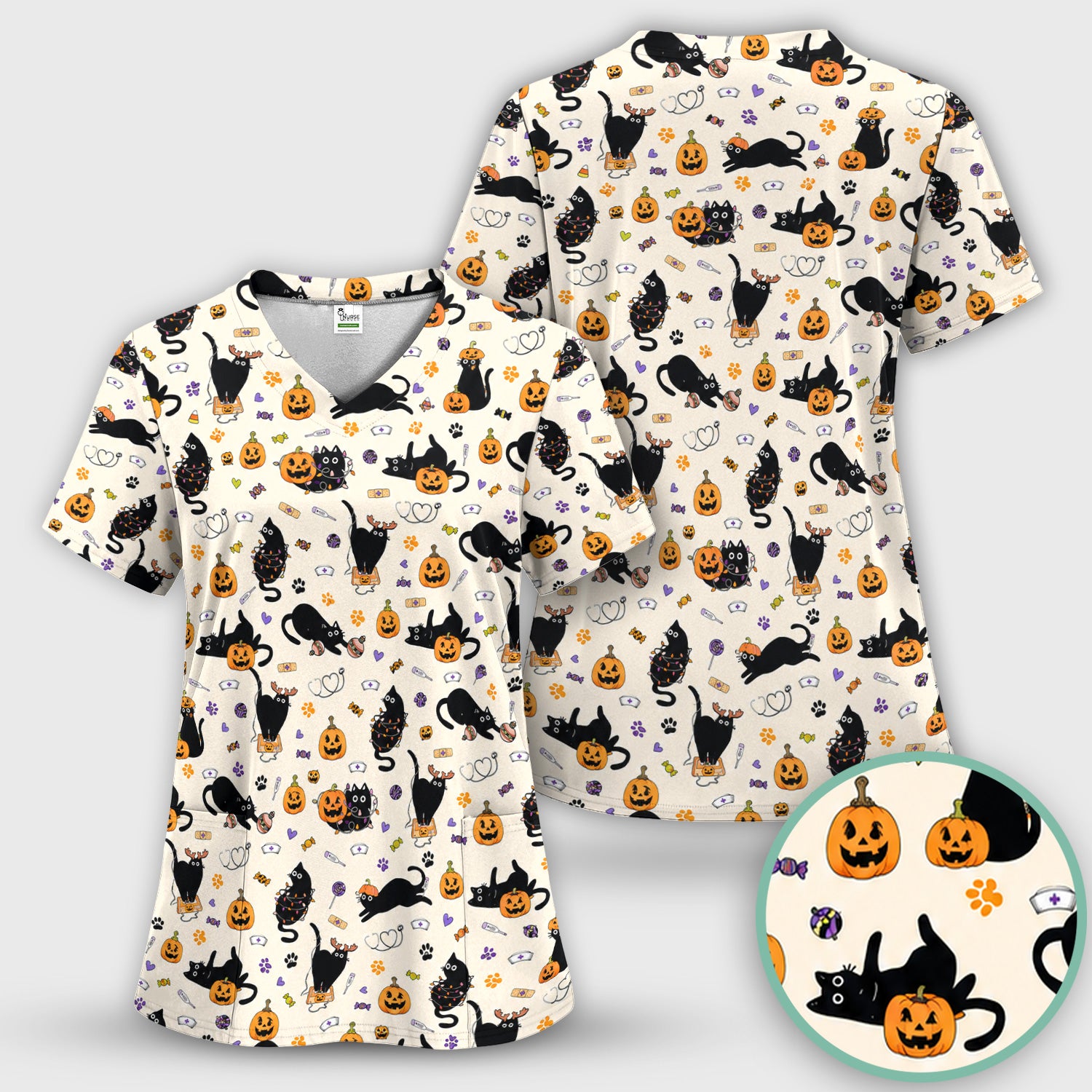 Pumpkin Black Cat Pattern Scrub Set, Scrub Pants and V Neck Top