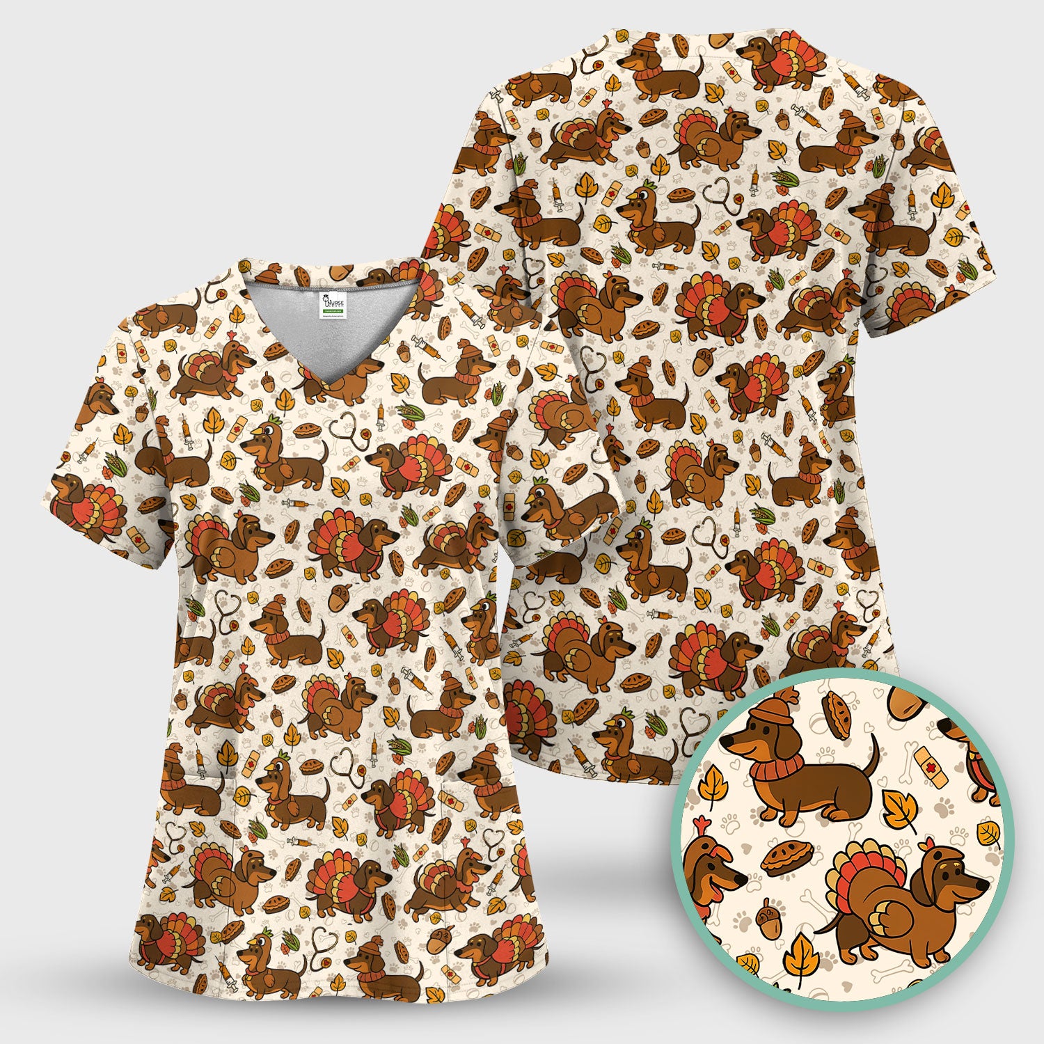 Thanksgiving Wiener Dog Scrub Top - Funny Dachshund TurkeChicken Nurse Shirt for Women - Cute Holiday Medical Uniform