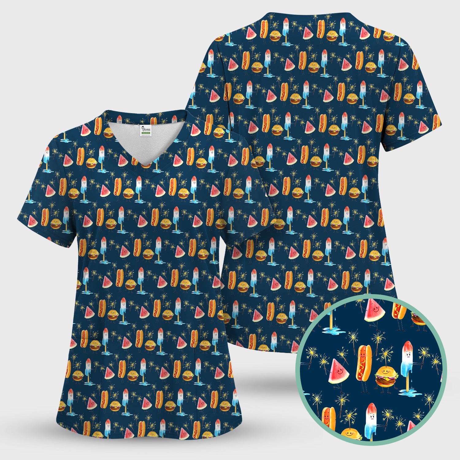 Funny Summer Food Icons Pattern Scrub Set, Breathable Fabrics Nursing Uniform