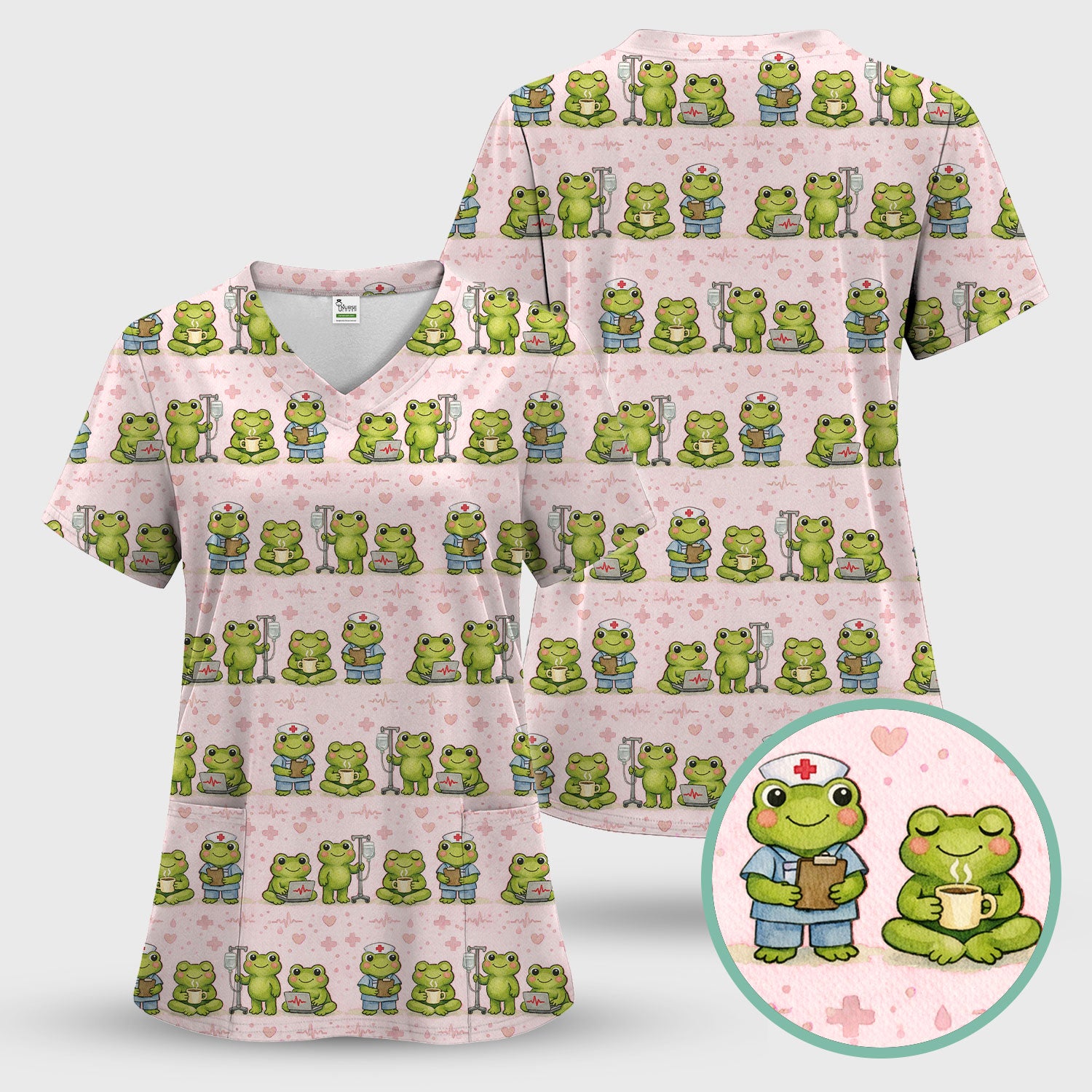 Adorable Frog Nurse Various Poses Print Scrub Top, Comfortable Scrubs for Nurses