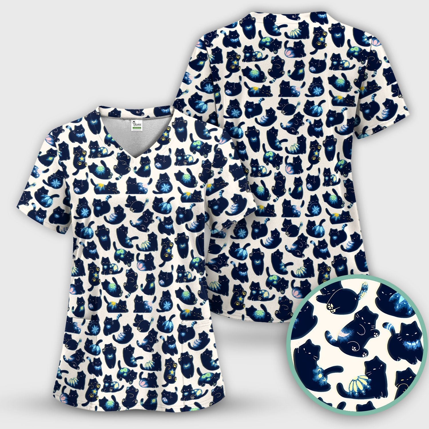 Midnight Cat Scrub Top, Black Cat Pattern Nurse Shirt, Breathable Fabrics Nursing Uniform