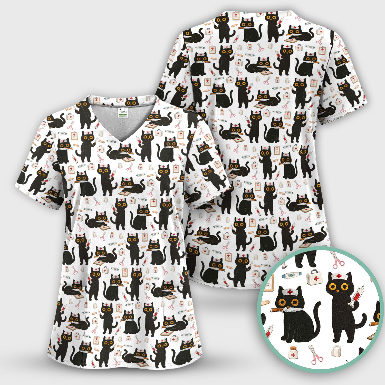 Cute Black Cat Nurse Pattern Women's Scrub Set, Breathable Med Uniform