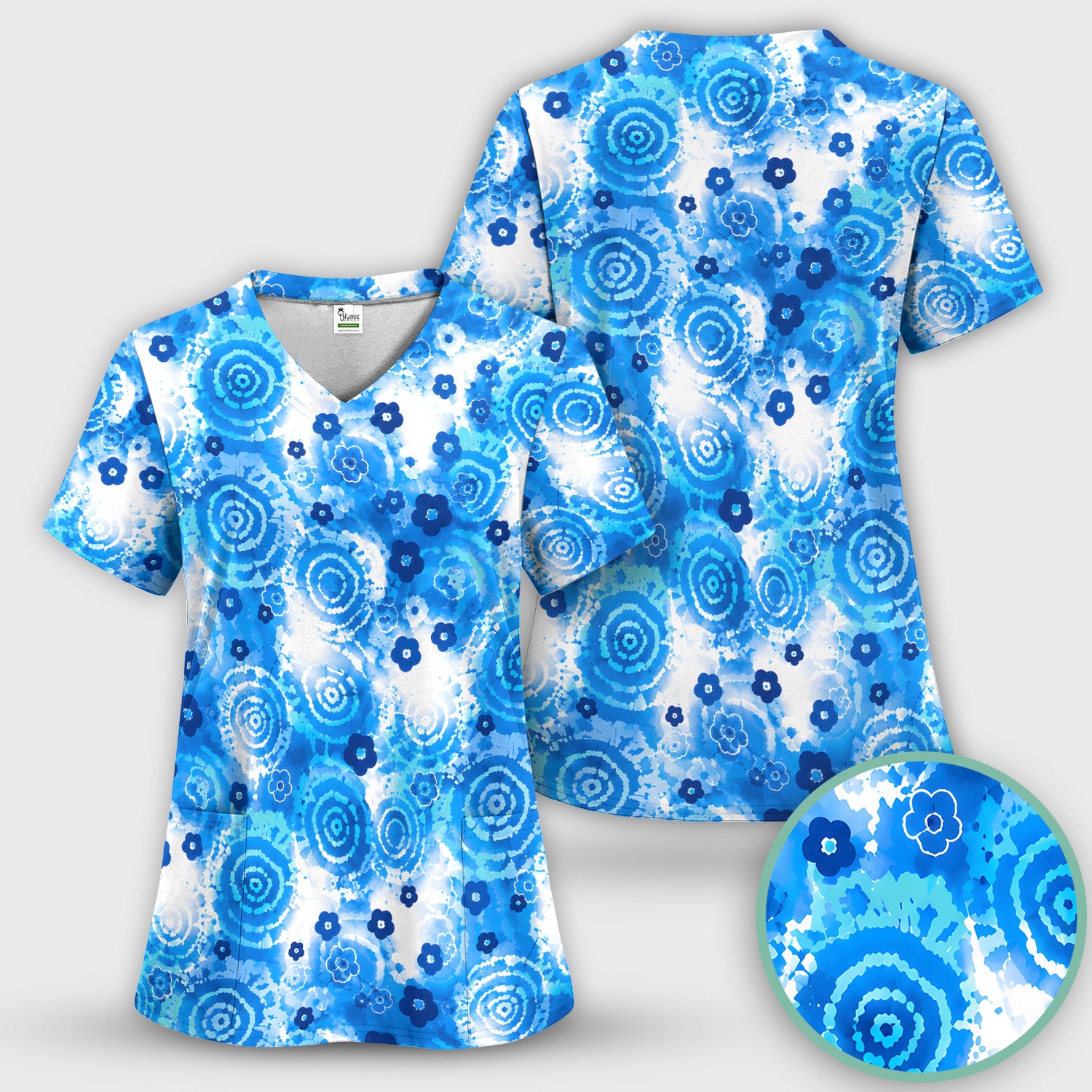 Blue Floral Spiral Nurse Pattern Scrub Top, Breathable Fabrics Nursing Uniform Scrub Top, Comfortable Scrubs for Nurses