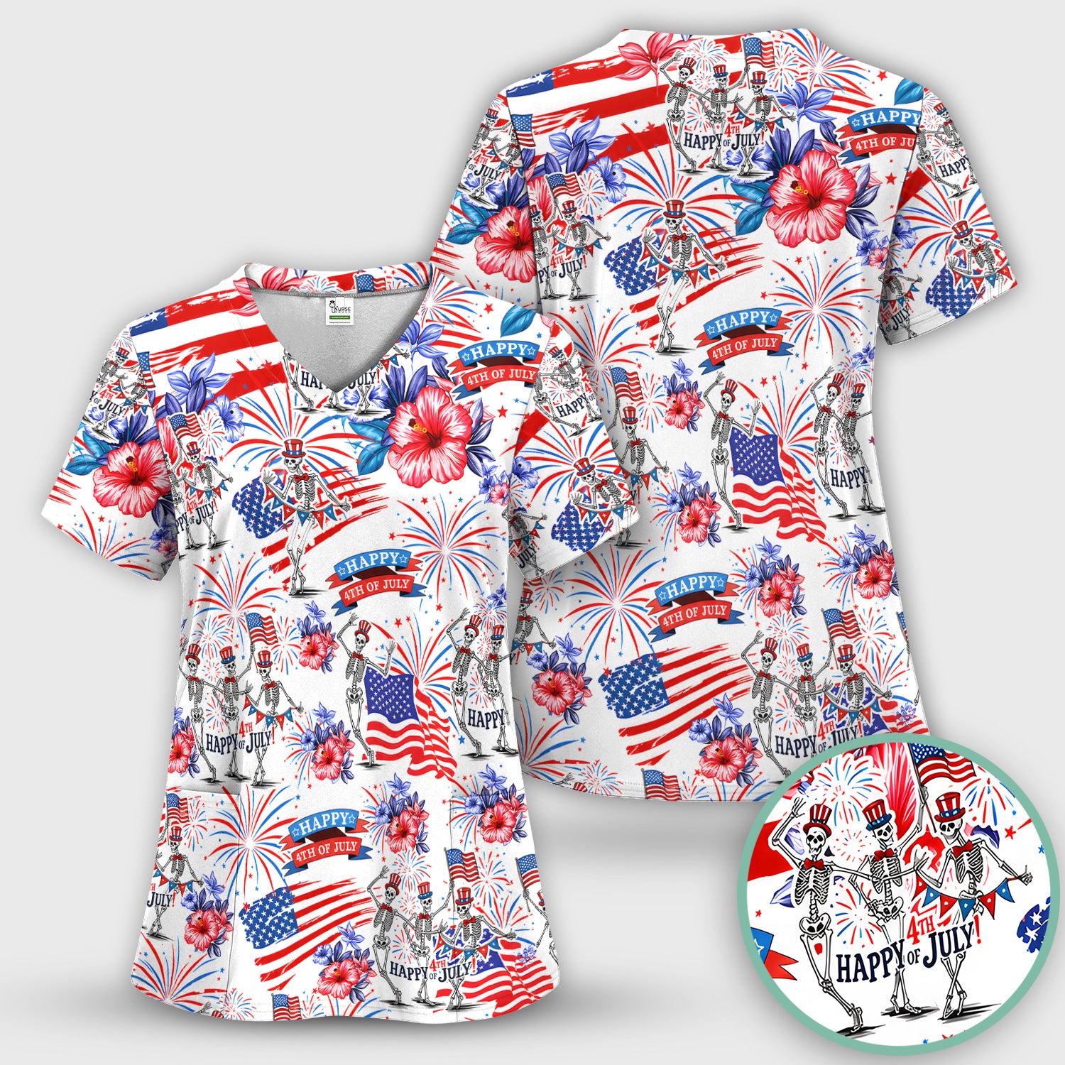 Funny 4th Of July Skeleton Nurse for RN & CNA, Patriotic Fireworks Medical Uniform Scrub Set, Scrub Pants and V Neck Top