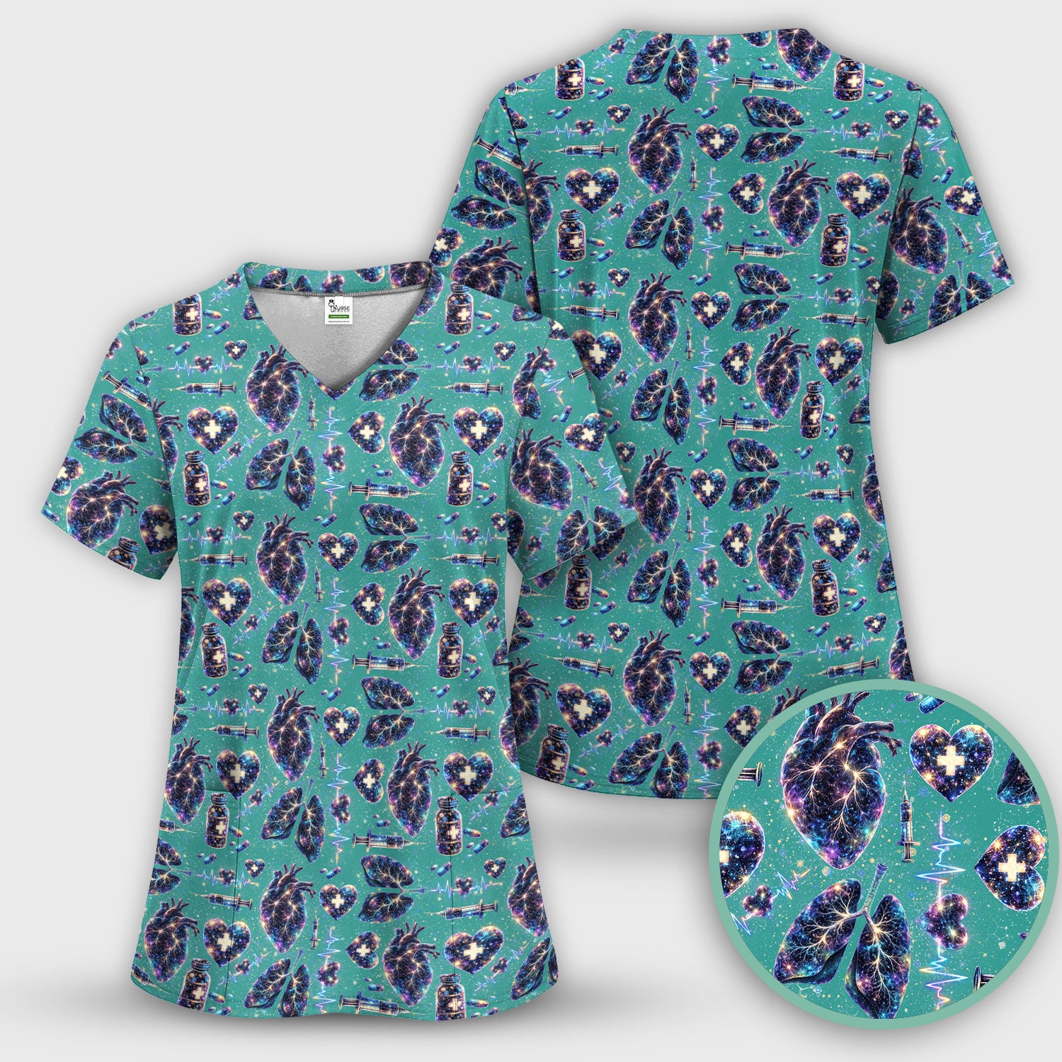 Galaxy Anatomical Heart Lung Syringe Print Scrub Top, Breathable Fabrics Nursing Uniform
