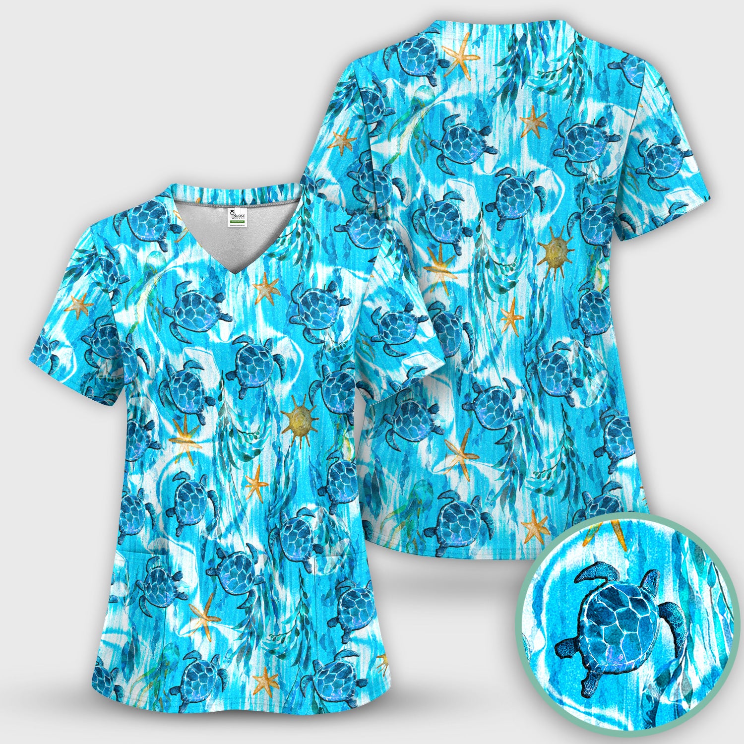 Coastal Marine Life Print Scrub Set, Scrub Pants and V Neck Top