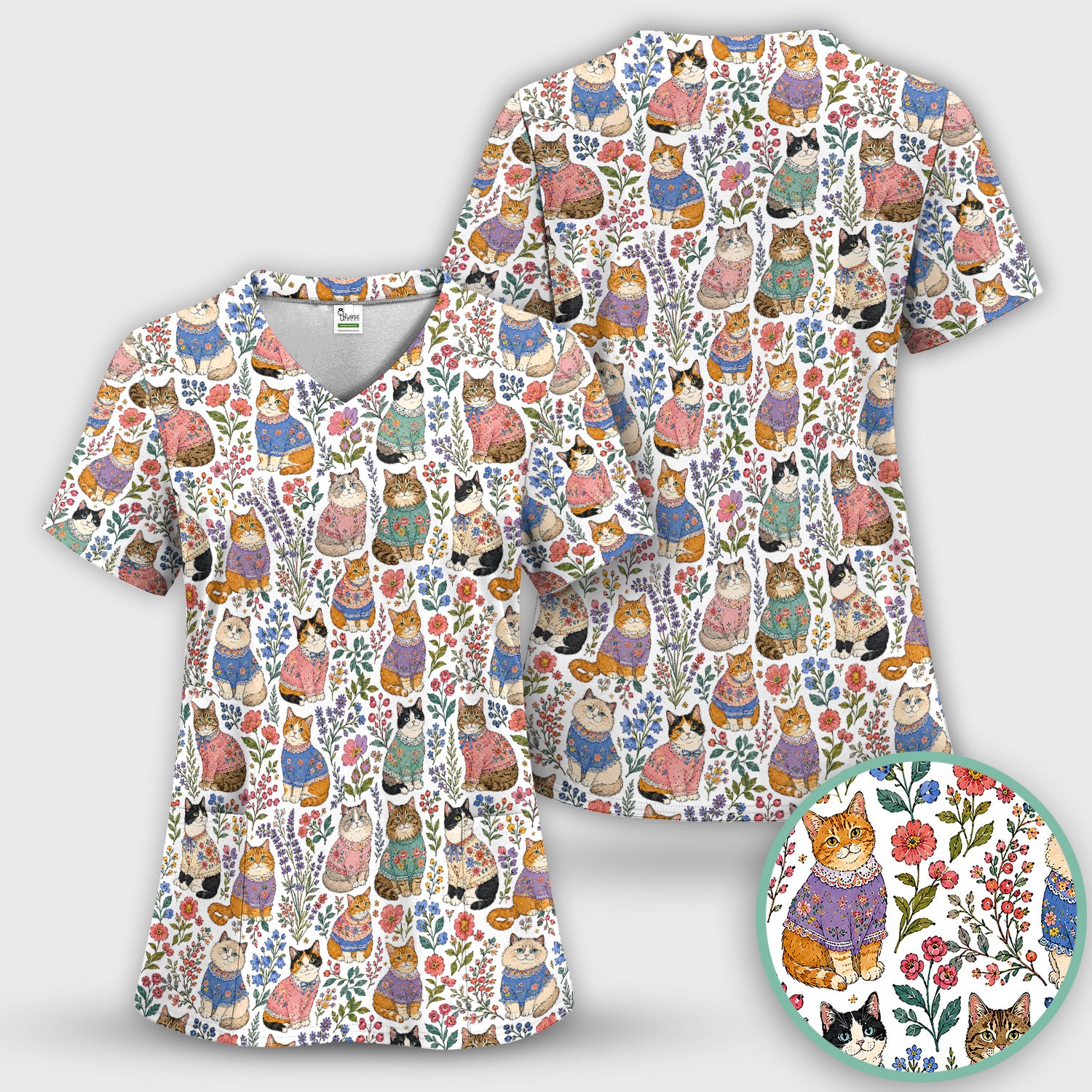 Cute Floral Cat Pattern Scrub Set, Scrub Pants and V Neck Top