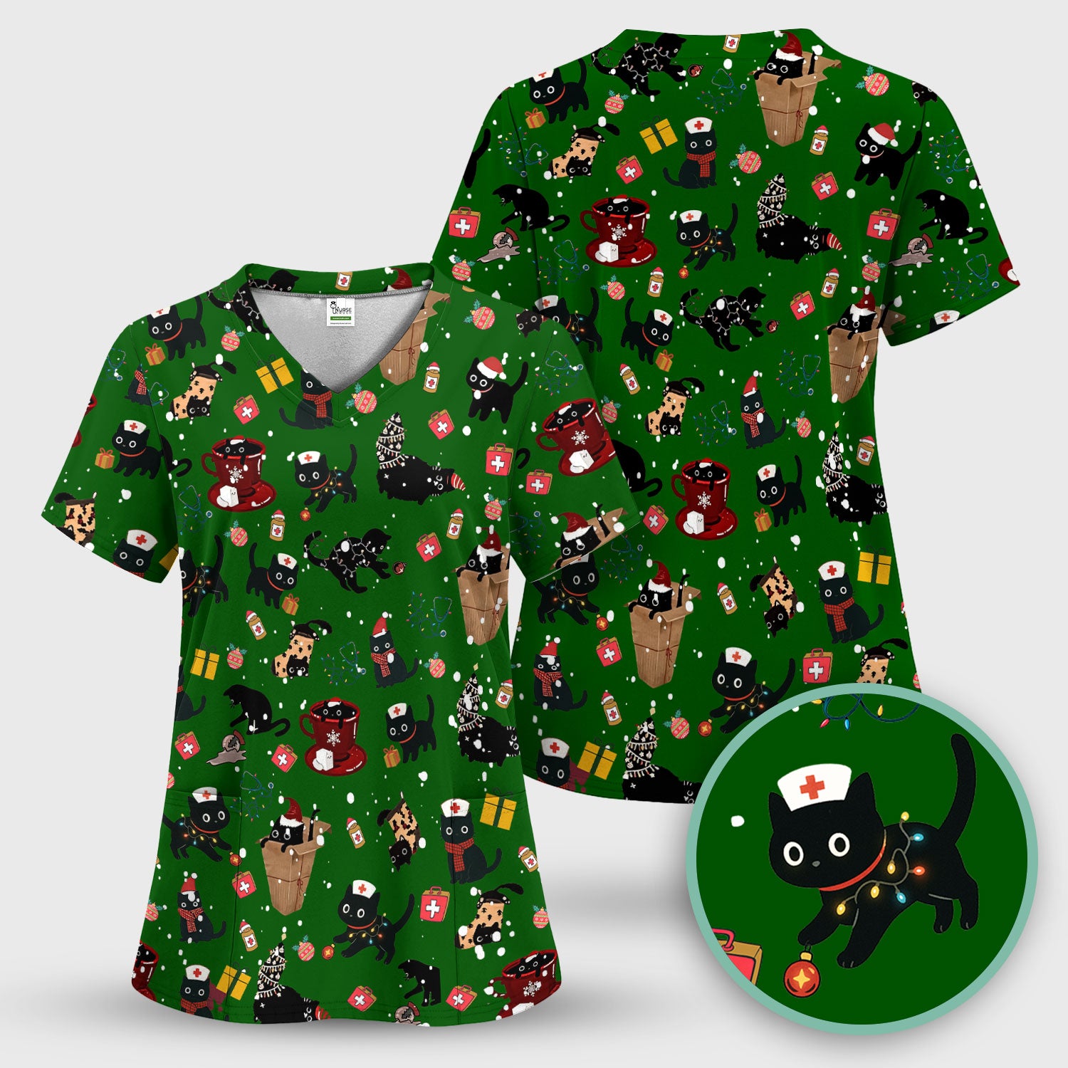 Funny Cat Scrub for Women - Christmas Black Cats Comfortable Scrubs for Nurses - Breathable Fabrics Nursing Uniform