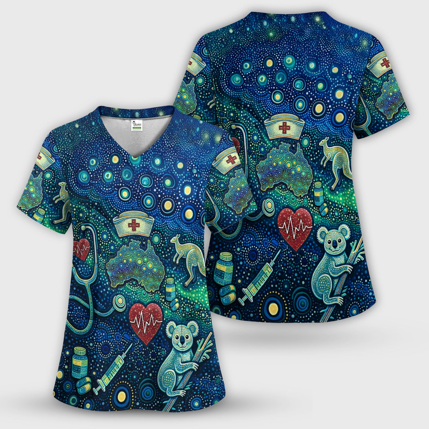 Aboriginal Nurse Australia Scrub Top, Kangaroo Koala Dot Art Medical Pattern Shirt, Breathable Fabrics Nursing Uniform