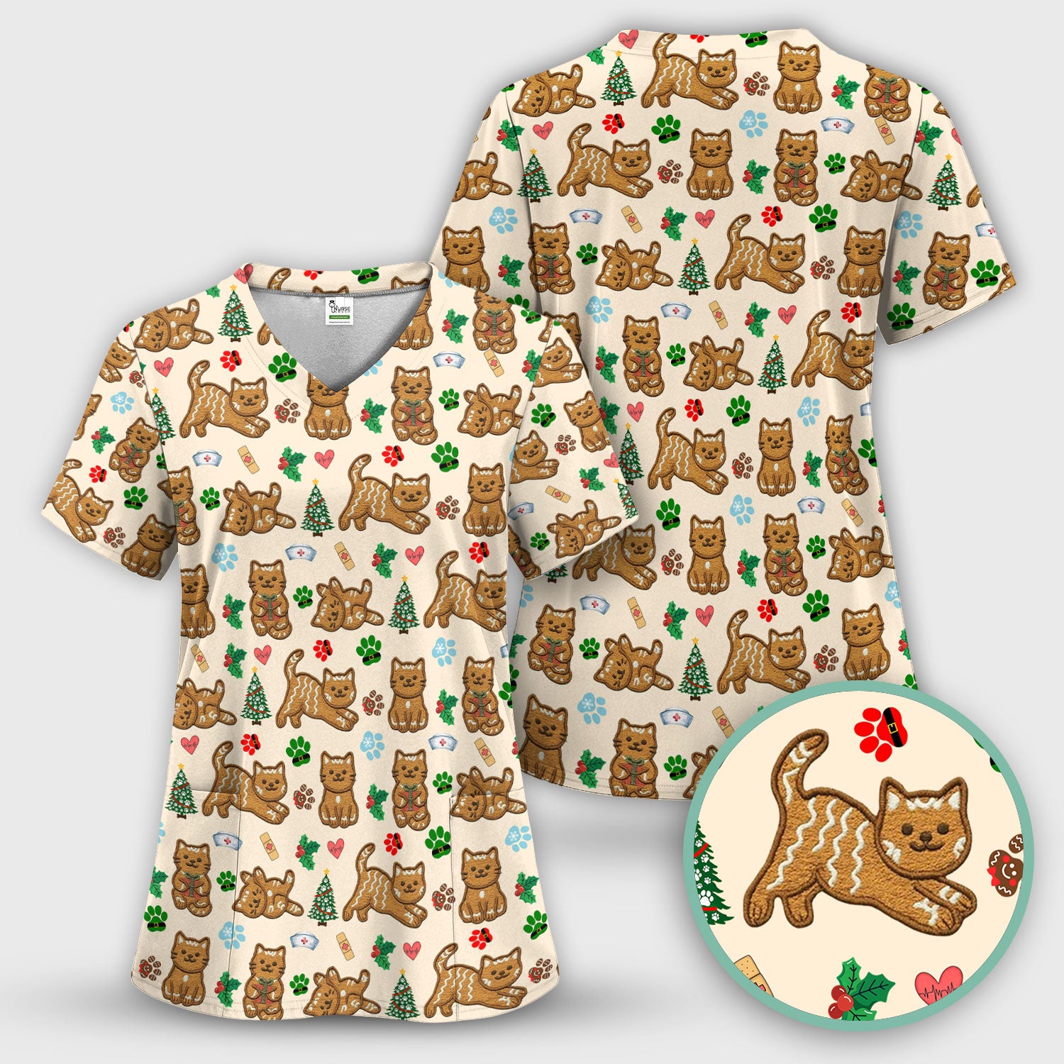 Gingerbread Cat Christmas Scrub Top, Cute Holiday Kitty Medical Uniform Shirt For Nursing, Festive Nurse Pattern