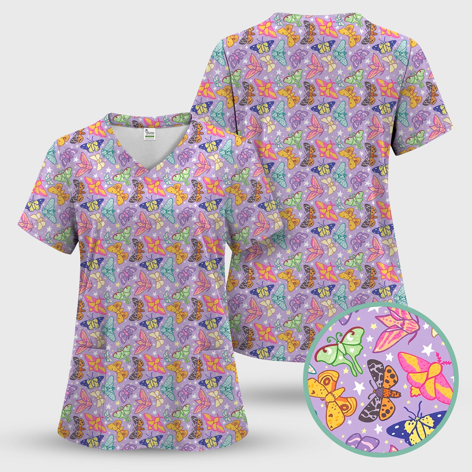 Colorful Butterfly Moth Garden Pattern Scrub Top, Comfortable Scrubs for Nurses