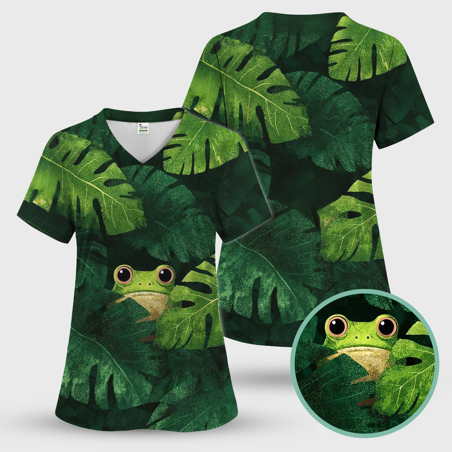 Cute Frog Hiding Jungle Leaves Pattern Nurse Scrub Top, Breathable Fabrics Nursing Uniform