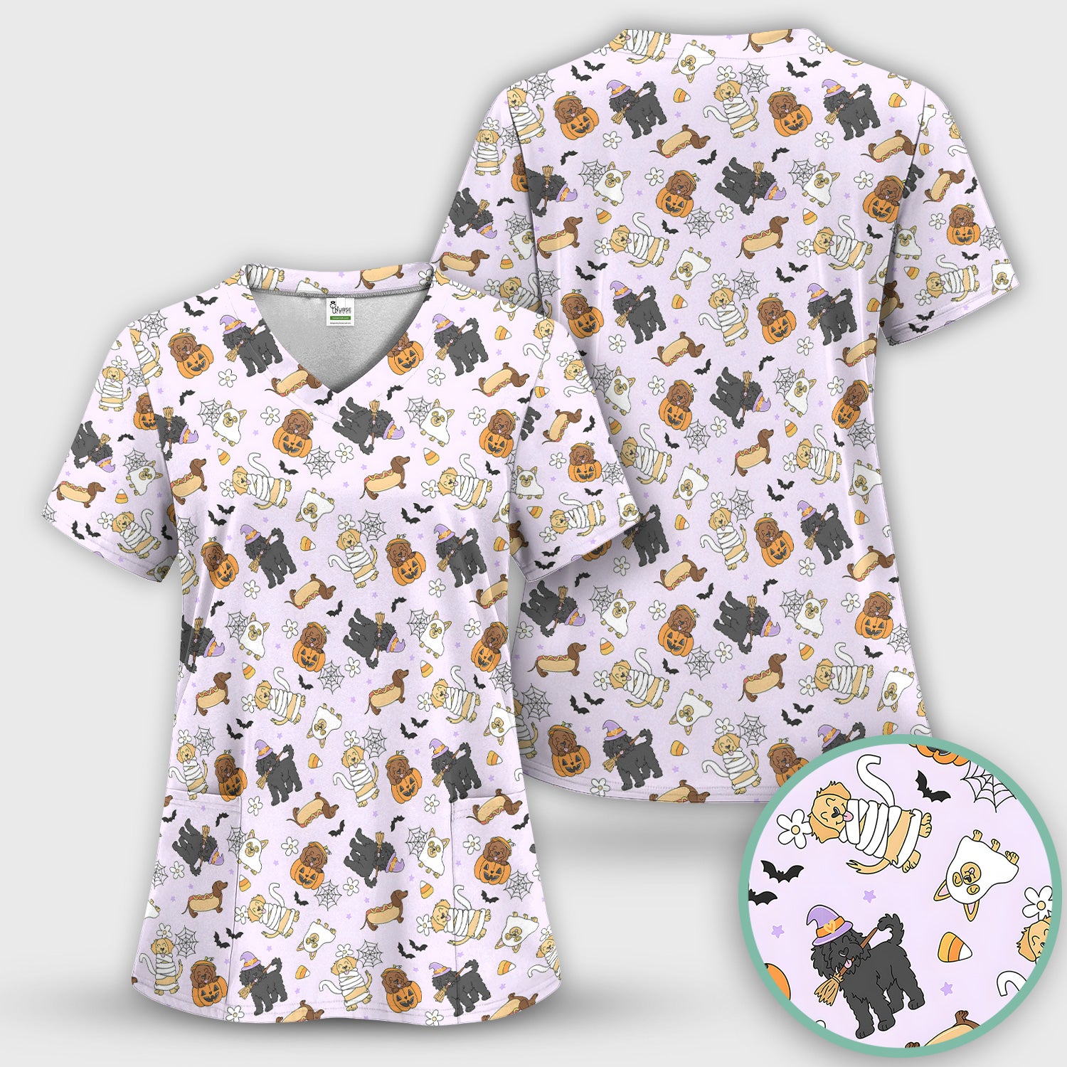 Cute Halloween Costumed Pets Scrub Top, Comfortable Scrubs for Nurses