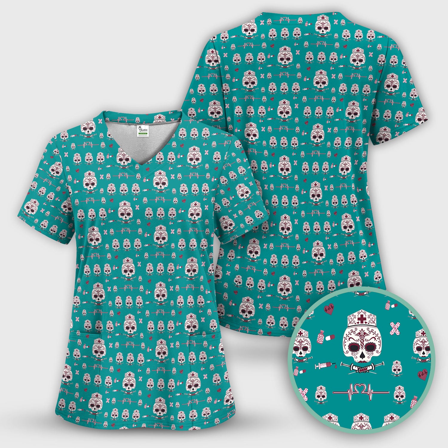 Sugar Skull Scrub Top, Skull Pattern Scrub Shirt, Breathable Fabrics Nursing Uniform