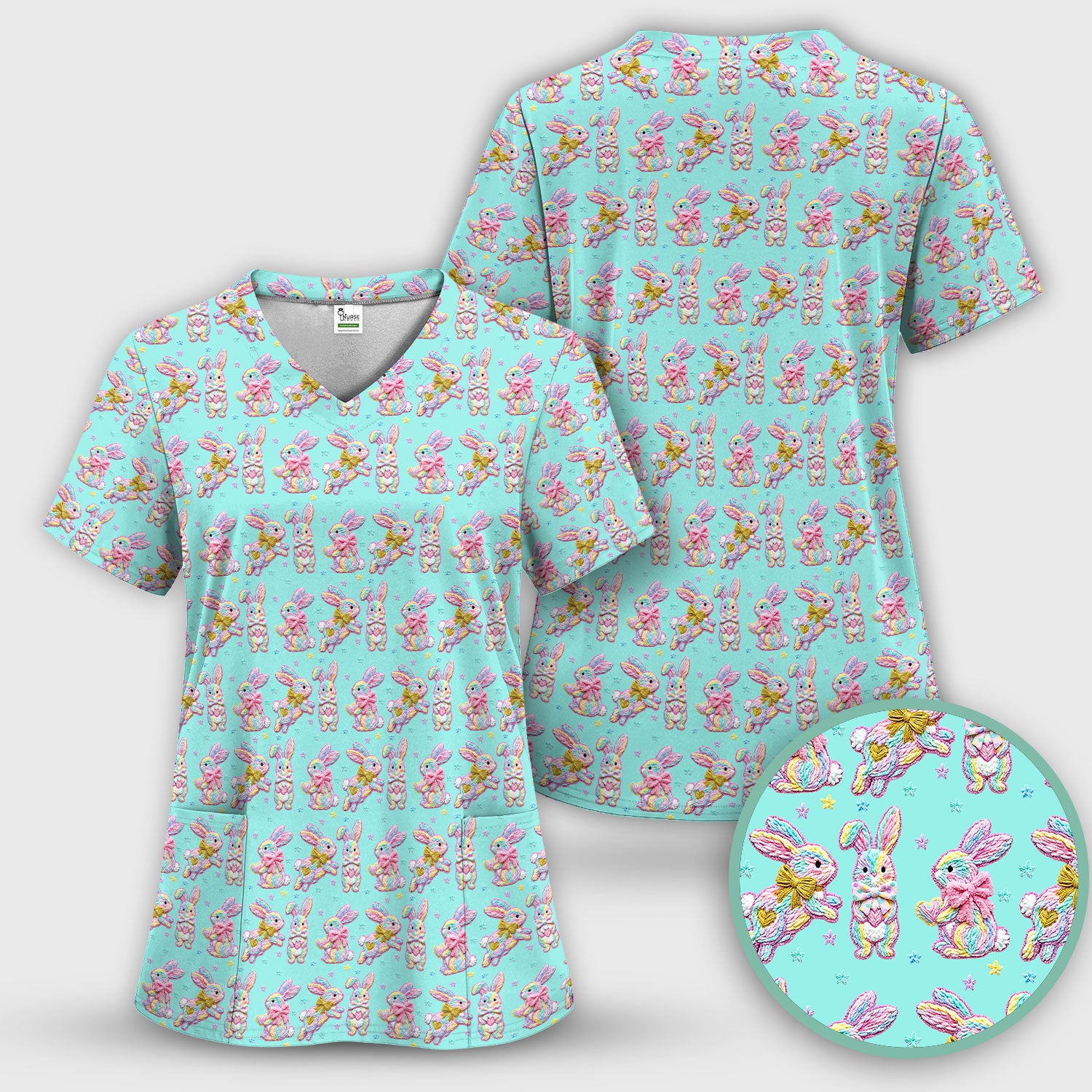 Cartoon Bunny All Over Print Scrub Top, Comfortable Scrubs for Nurses, Easter