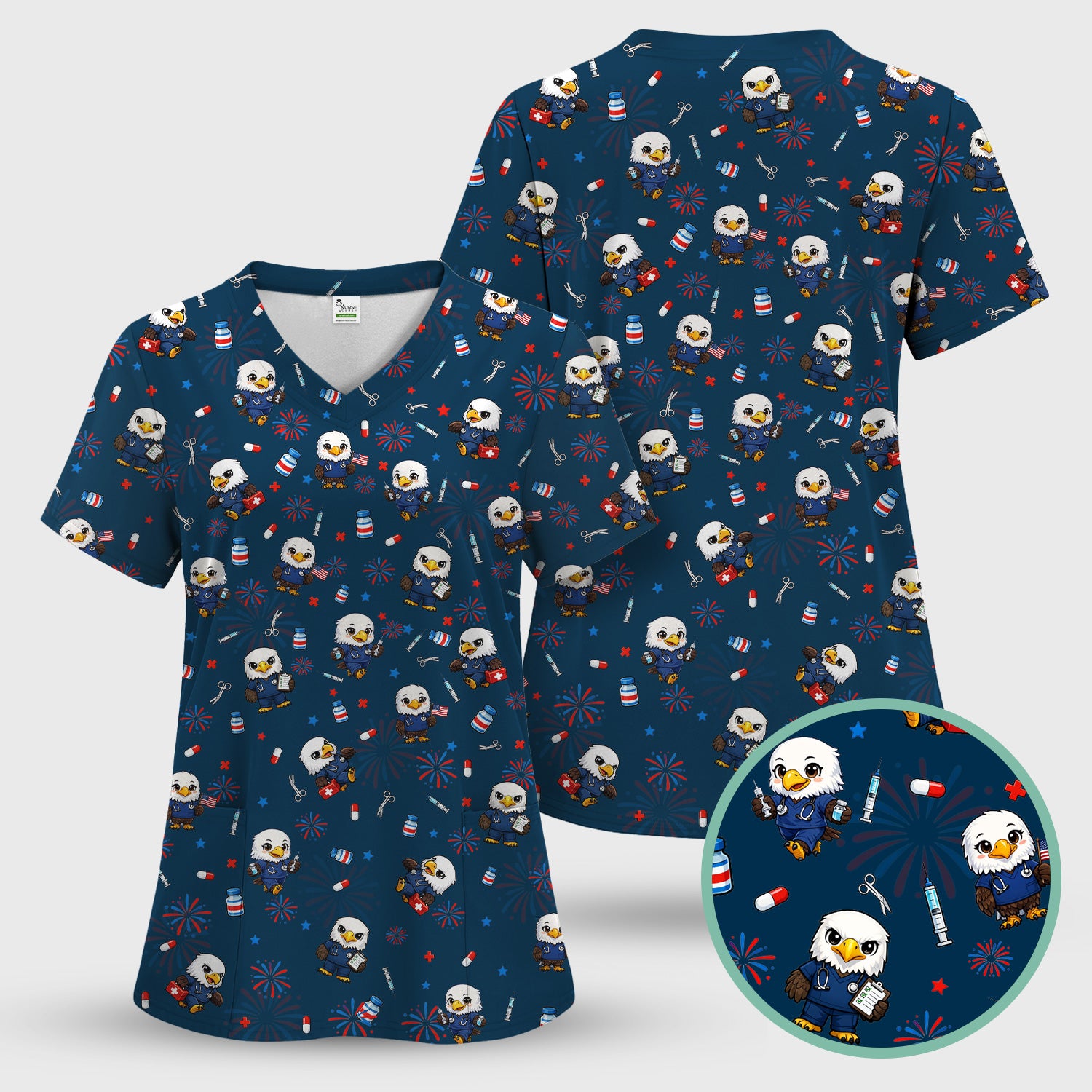 Patriotic Nurse Eagle Fireworks Medical Pattern Scrub Set, Women's Scrub Sets