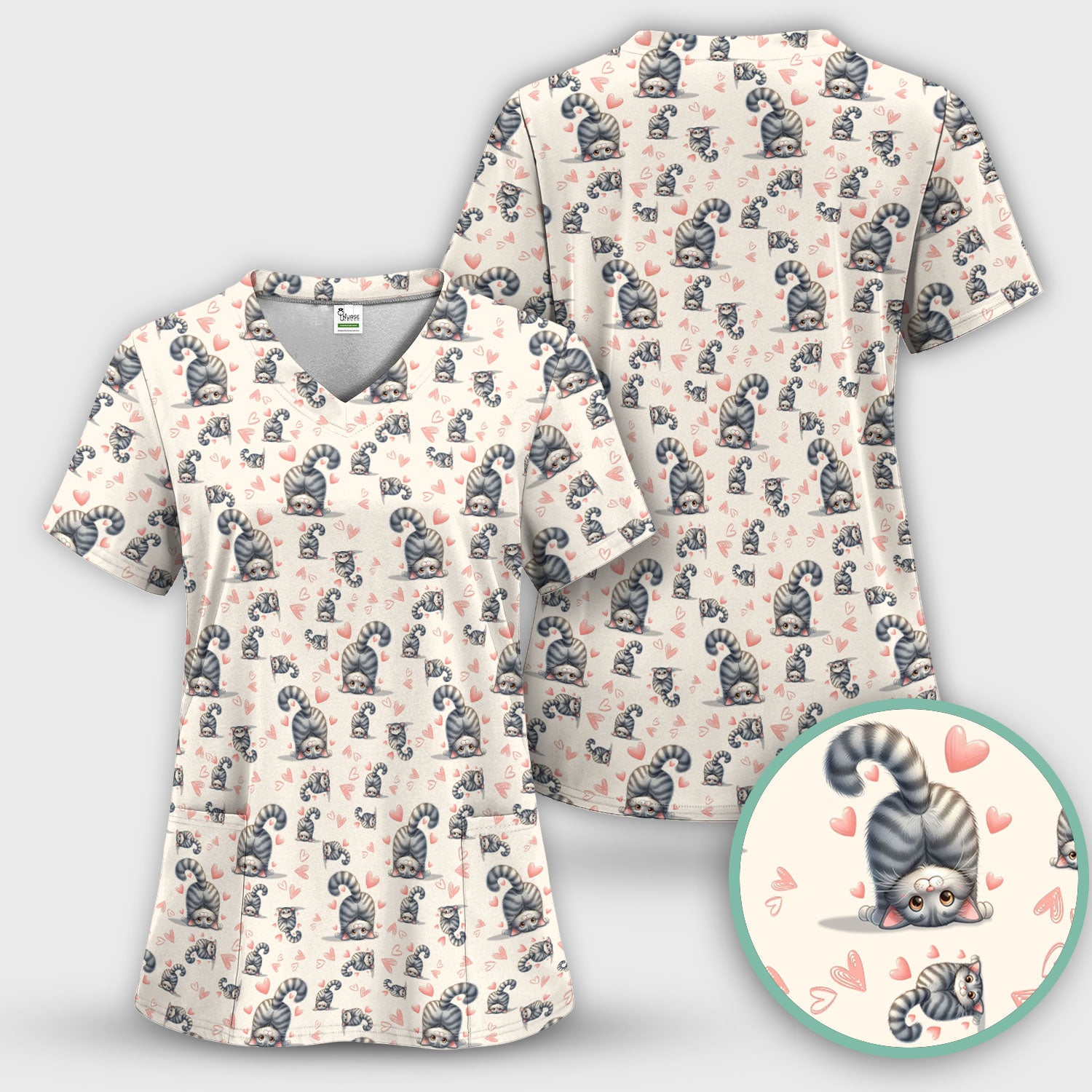 Valentine Cute Cat Scrub Top, Cat Heart Pattern Nurse Uniform, Comfortable Scrubs For Nurses
