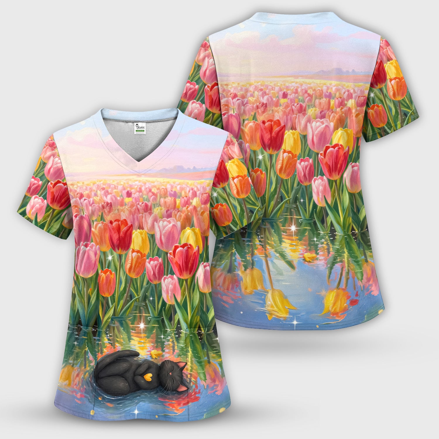 Sleeping Black Cat In Tulip Flower Field Scrub Set, Scrub Pants and V Neck Top