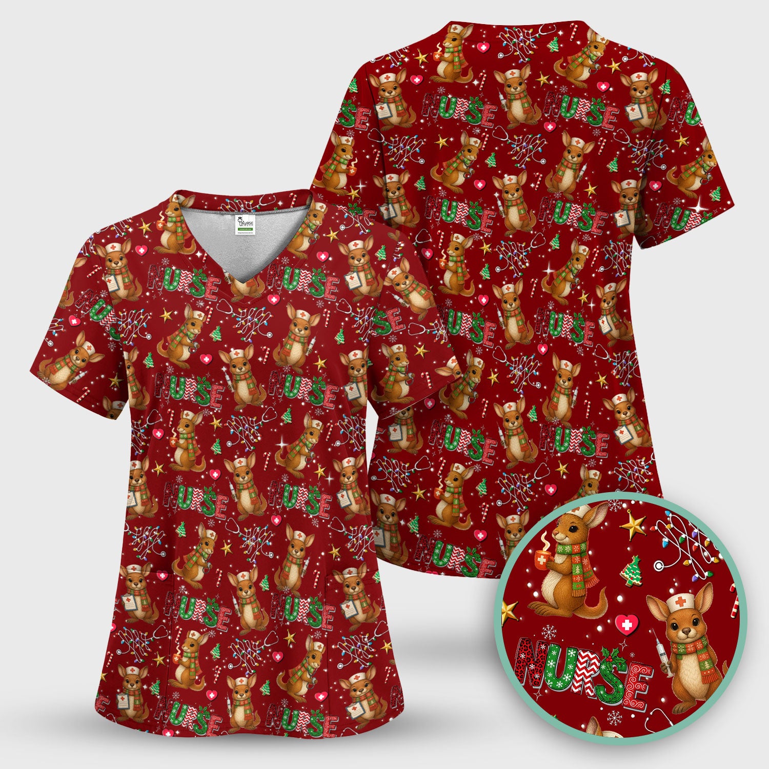 Christmas Kangaroo Nurse Scrub Top - Cute Aussie Holiday Medical Uniform - Funny Xmas Scrubs for Women