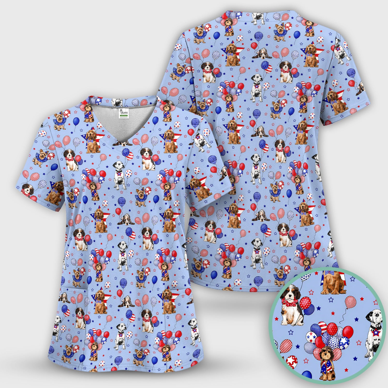 Patriotic Dogs With USA Flag Balloons Pattern Scrub Set, Scrub Pants and V Neck Top