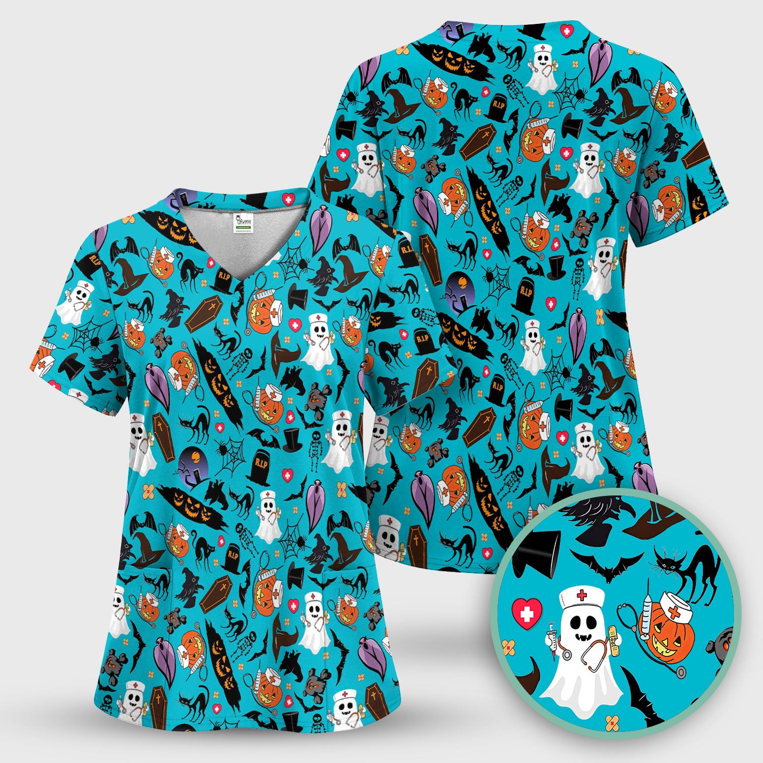 Spooky Halloween Scrub Top - Pumpkin Ghost Bat Nurse Shirt - Wicked Witch Medical Uniform for Women RN CNA LPN