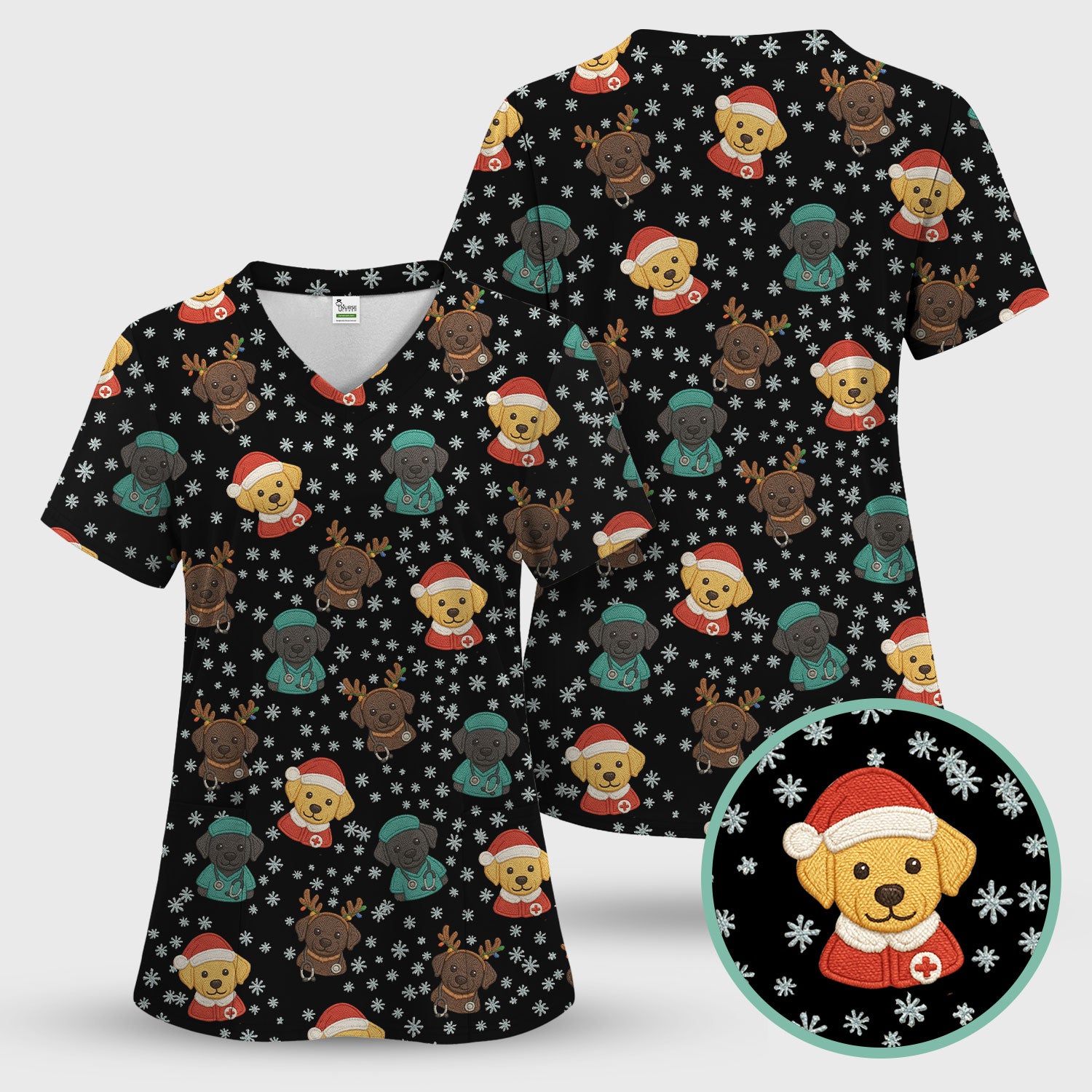 Christmas Dog Pattern Scrub Top, Cute Puppy Nurse Scrub Shirt, Holiday Nursing Uniform