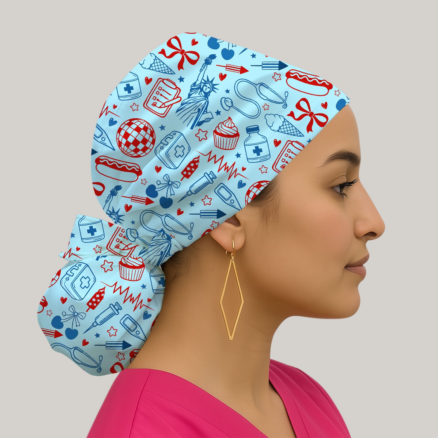 Patriotic Nurse Medical Icons Pattern Print Cap, Bouffant Scrub Caps for Women