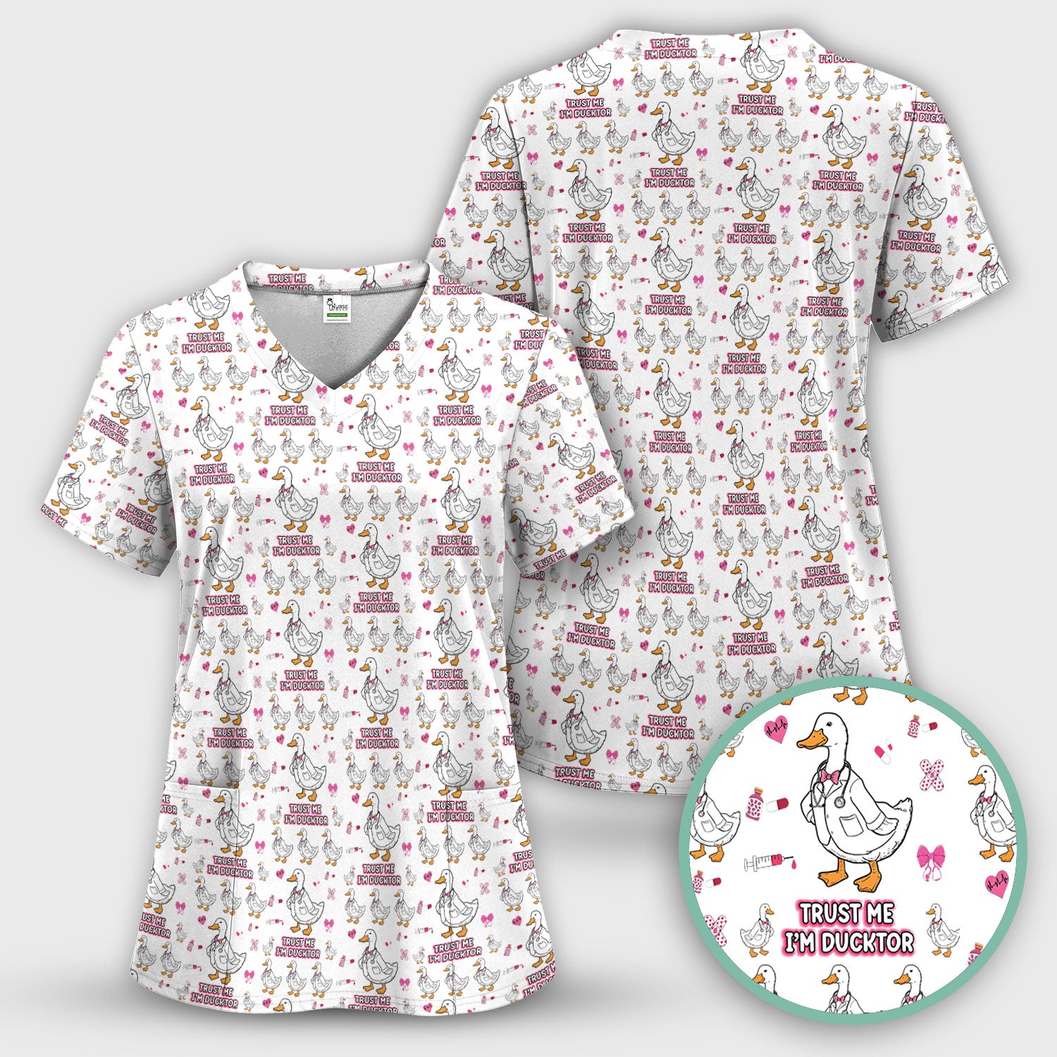 Trust Me I'm Ducktor Scrub Top, Funny Duck Pattern Scrub Shirt, Breathable Fabrics Nursing Uniform For Women