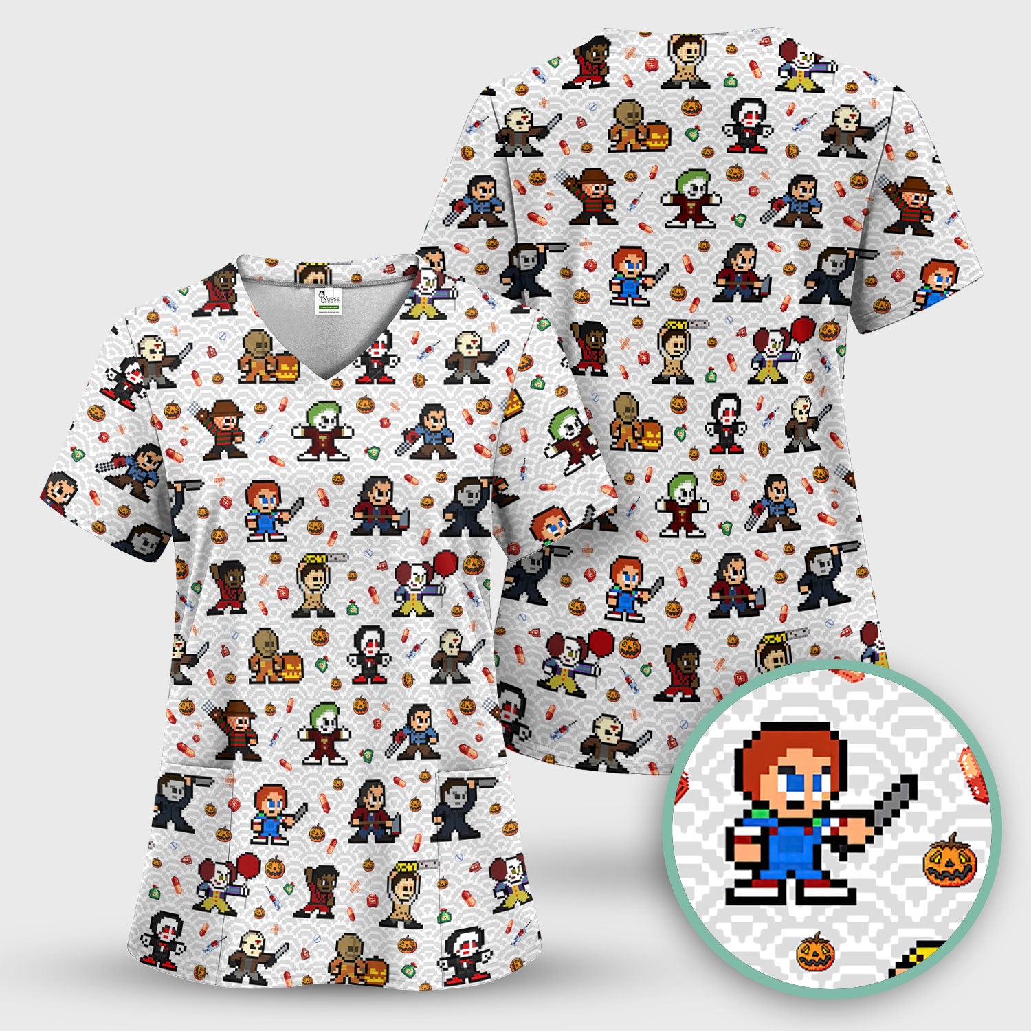 Halloween Horror Pixel Scrub - Retro Scary Character Med Uniform - Comfortable Scrubs for Nurses - Spooky Gift for RN LPN CNA