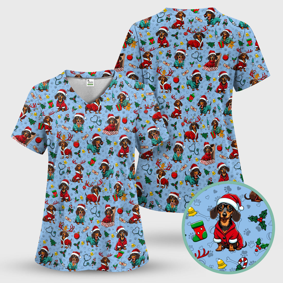 Christmas Dachshund Scrubs for Nurses - Cute Sausage Dog Holiday Scrub Top - Funny Reindeer & Santa Medical Shirt for Women
