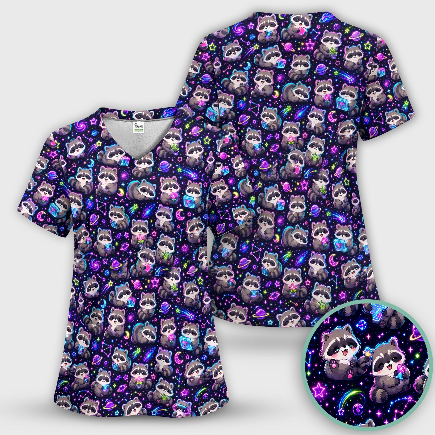 Neon Galaxy Raccoon Space Pattern Scrub Top, Comfortable Scrubs for Nurses