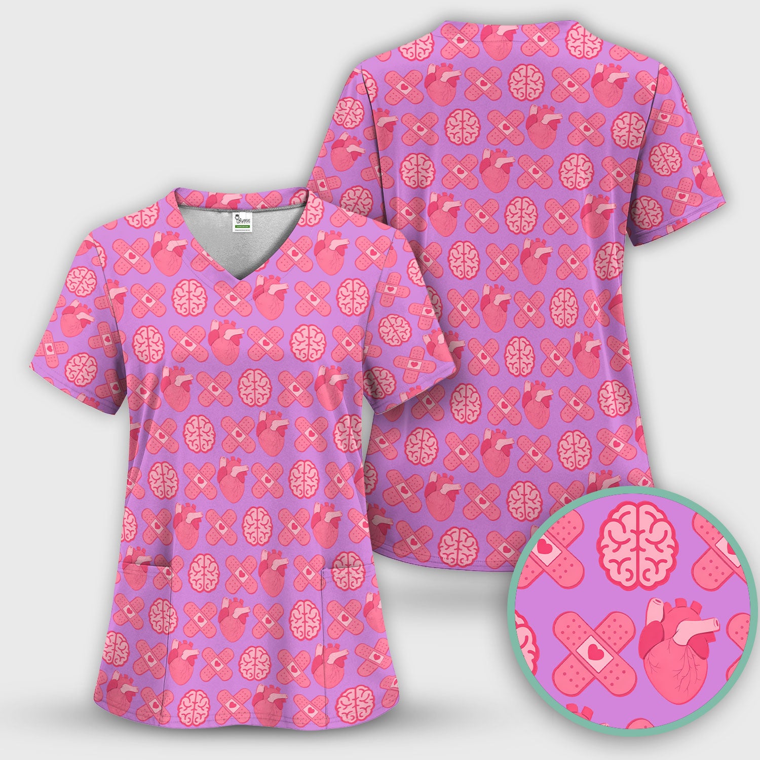 Heart & Brain Medical Icon Pattern Scrub Top, Breathable Fabrics Nursing Uniform