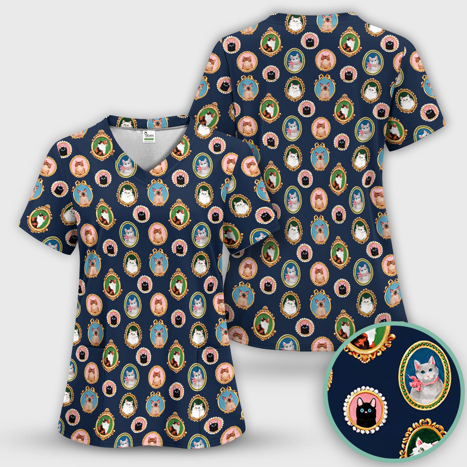 Vintage Cat Portrait Pattern Scrub Top, Breathable Medical Uniform Top