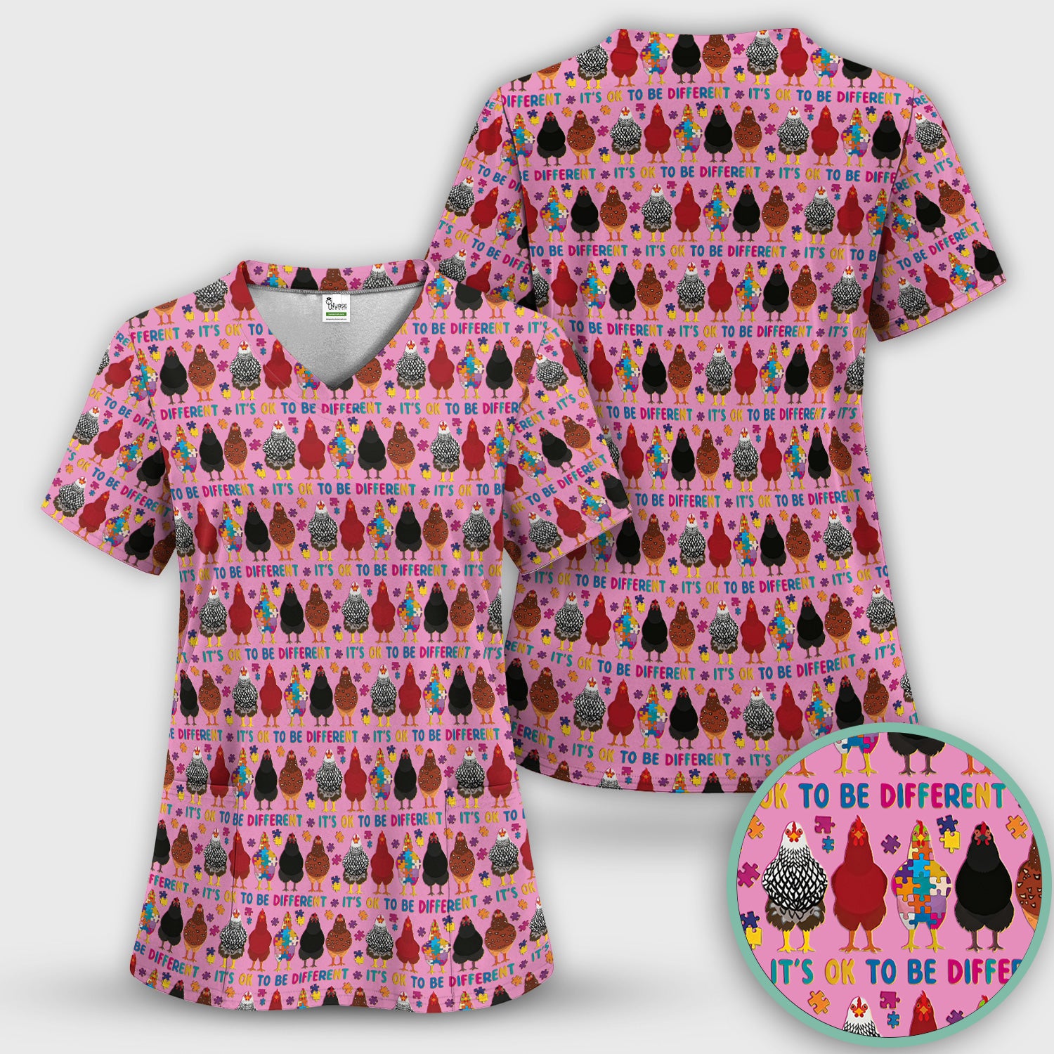 Autism Chicken It’s OK to Be Different Print Scrub Top, Comfortable Scrubs for Nurses
