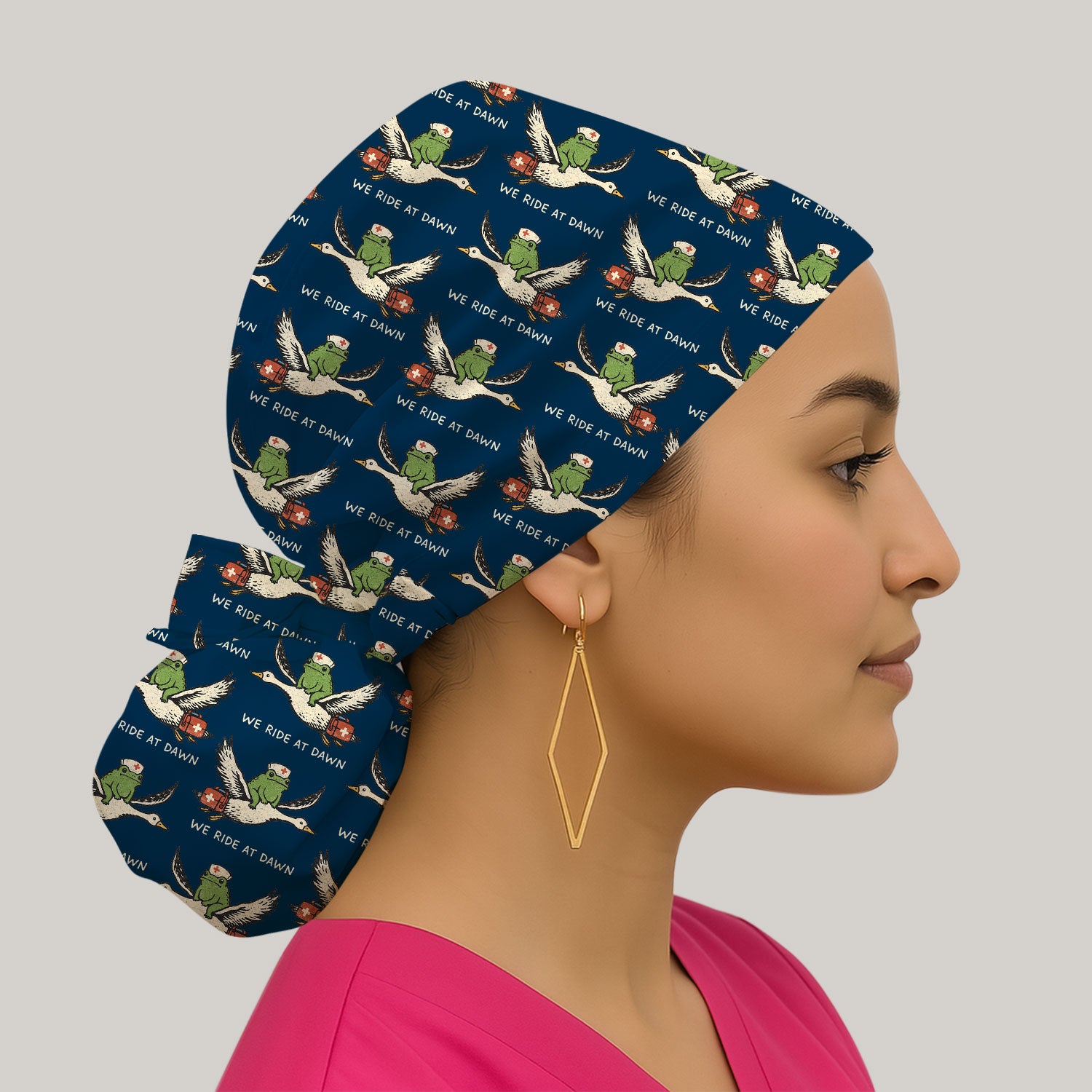 Funny Frog Riding Goose Nurse Pattern Cap, Bouffant Scrub Caps for Women