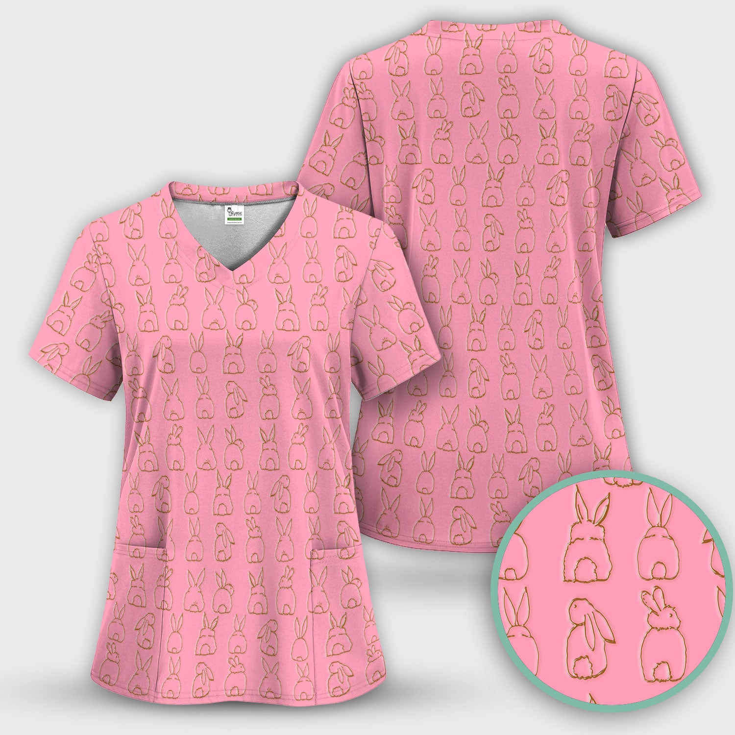 Cartoon Bunny Line Art Pattern Medical Scrub Top, Comfortable Scrubs for Nurses, Easter