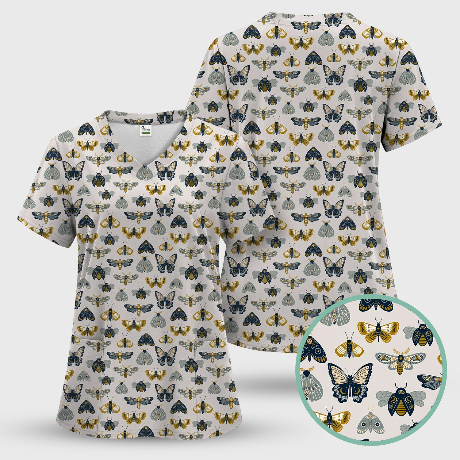 Vintage Butterfly Moth Insect Pattern Scrub Top, Comfortable Scrubs for Nurses