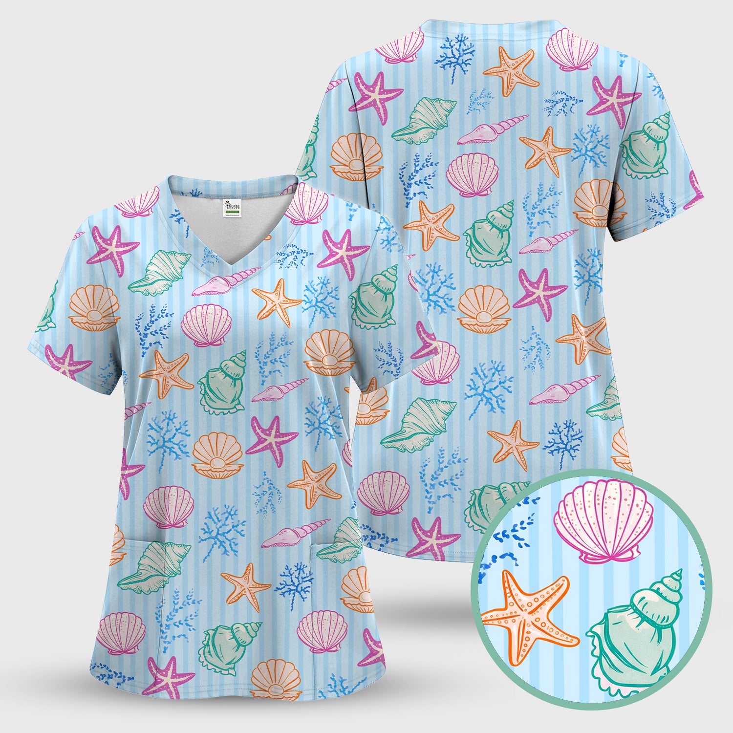 Colorful Seashell Starfish Ocean Stripe Pattern Scrub Top, Breathable Fabrics Nursing Uniform