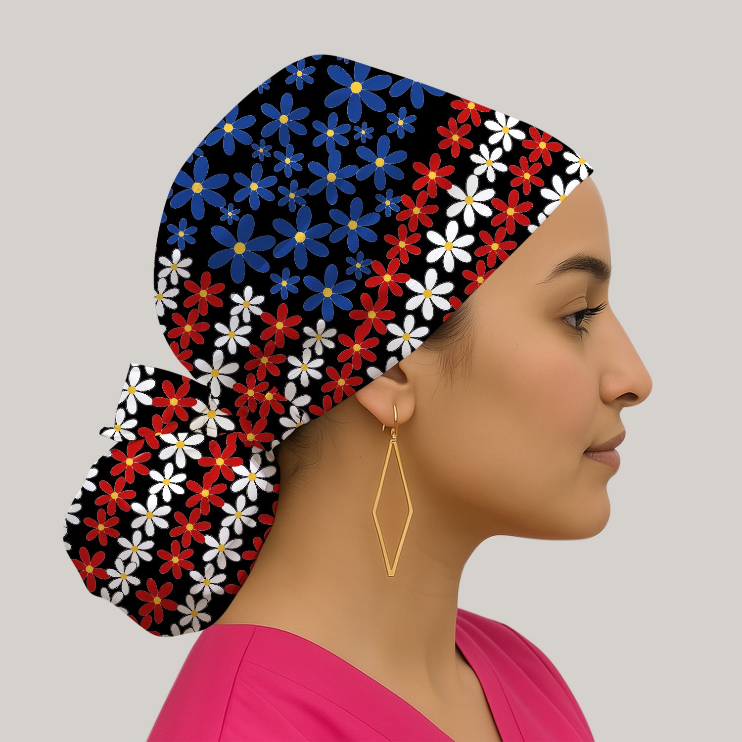 Retro Red Blue Daisy Stripe Pattern Scrub Cap, Surgical Caps for Doctors