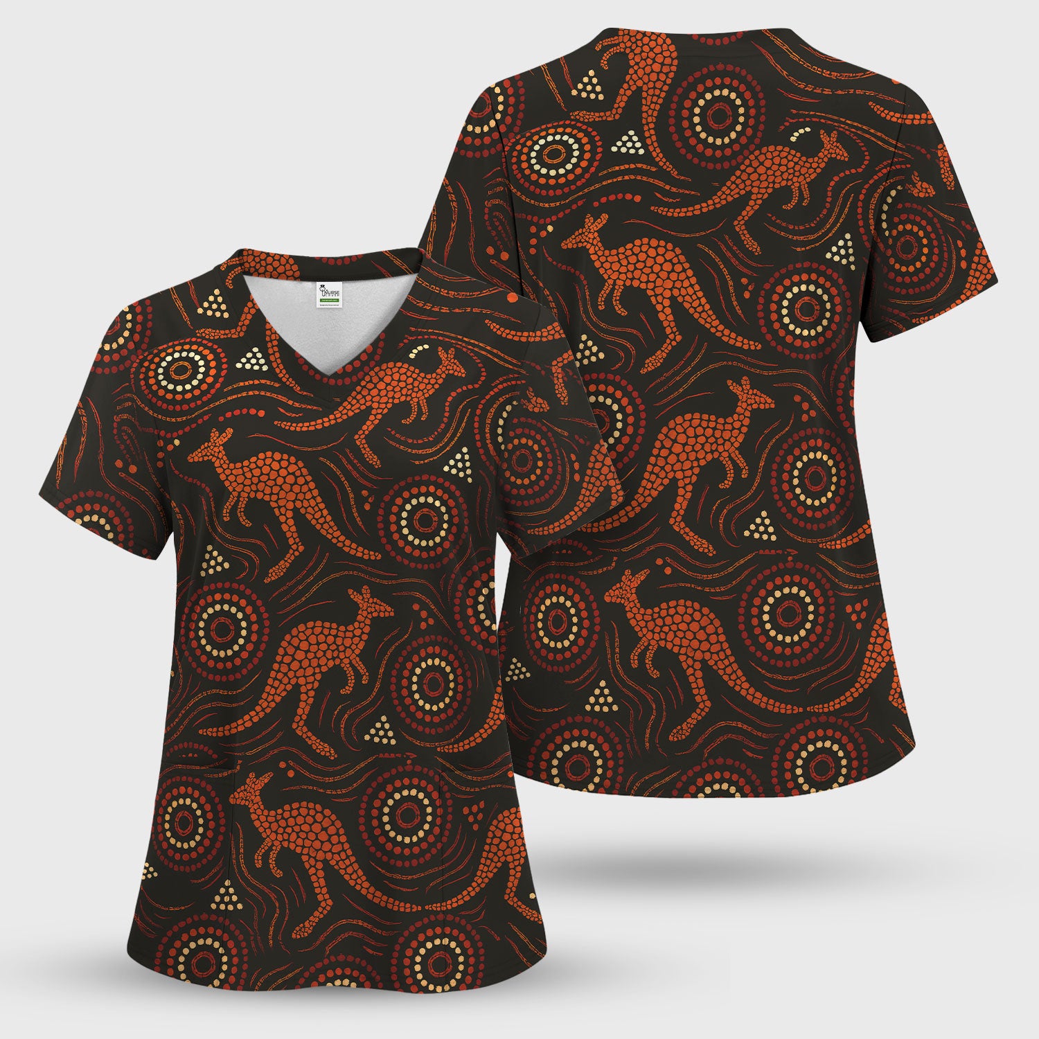 Australian Indigenous Medical Pattern Shirt, Aboriginal Dot Art Kangaroo Nurse Scrub Set,  Breathable Fabrics Nursing Uniform