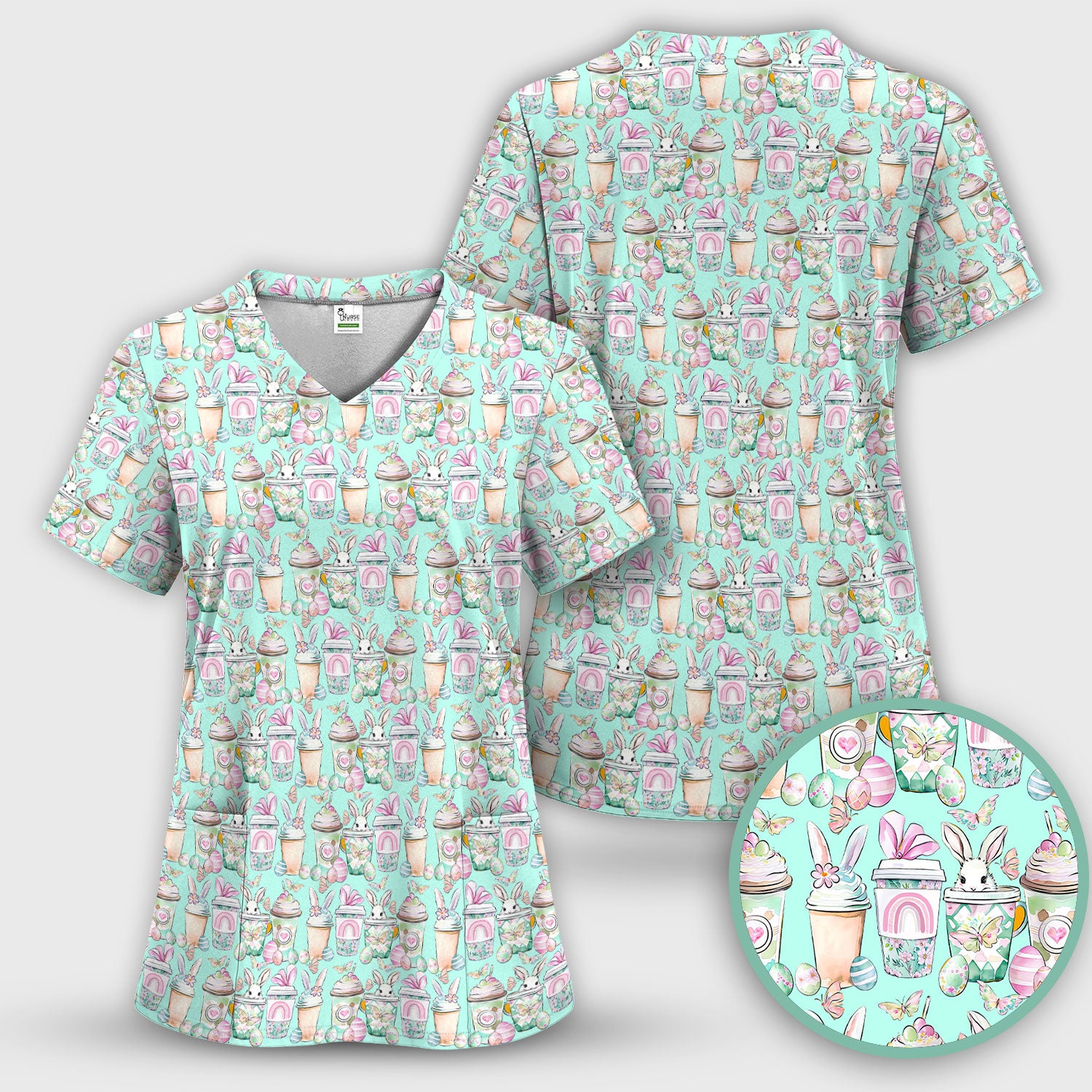 Cute Easter Bunny Coffee Cup Pattern Scrub Sets, Scrub Pants and V Neck Top