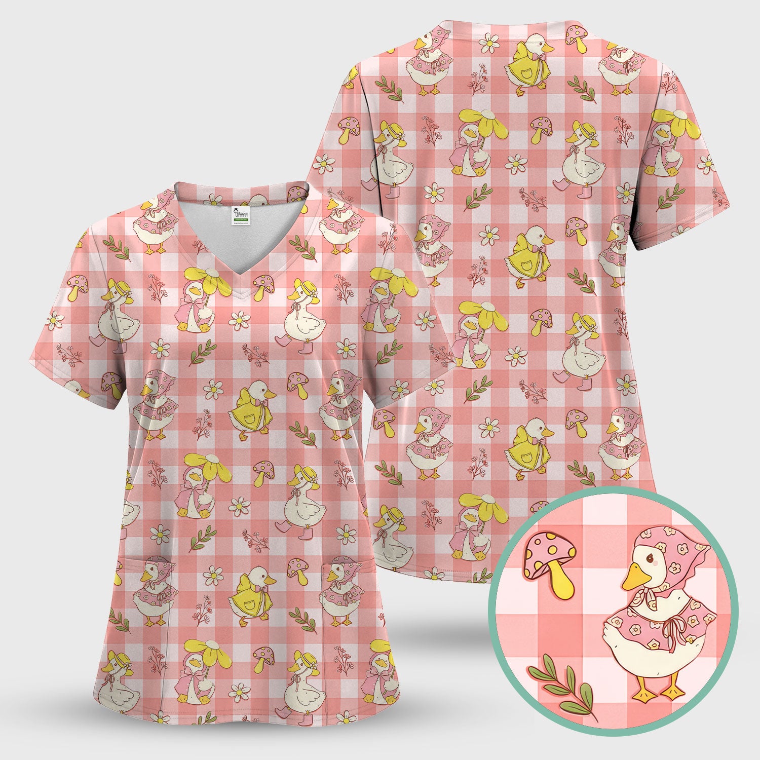 Cute Duck Outfit Gingham Pattern Scrub Top, Comfortable Scrubs for Nurses