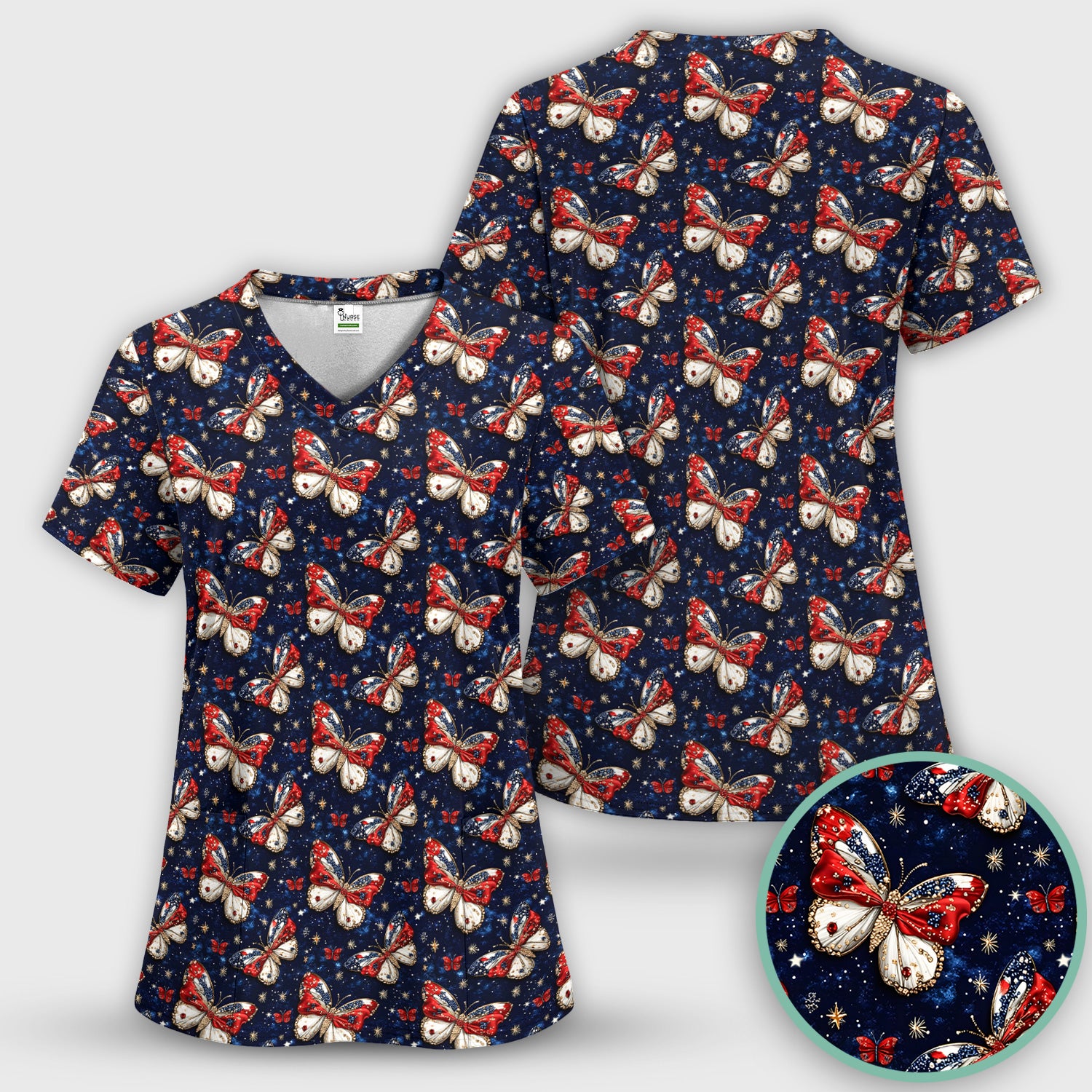 Patriotic Butterfly Nurse for RN & CNA, Americana Stars Healthcare Workers Uniform Scrub Top, Comfortable Scrubs for Nurses