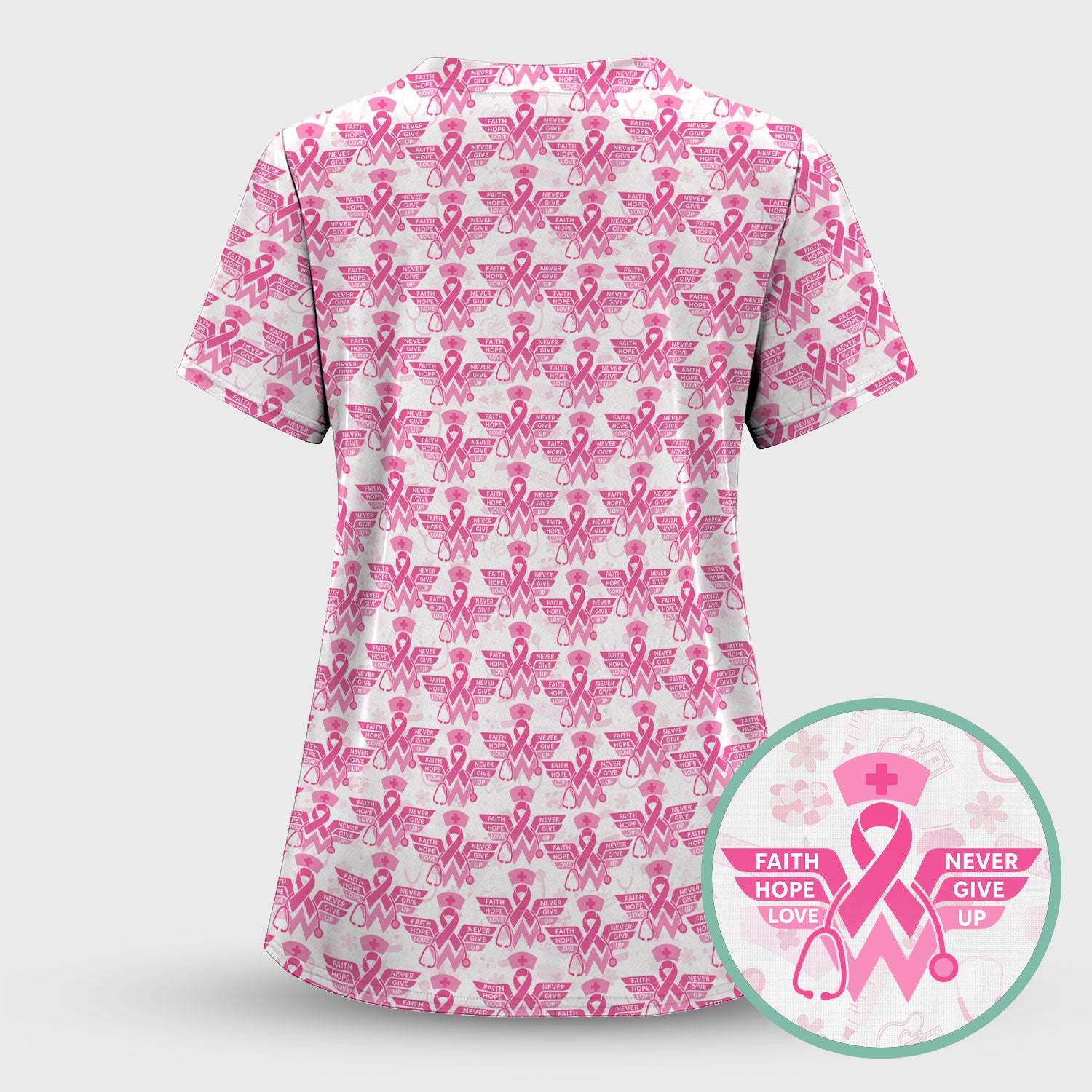 Breast Cancer Awareness Scrub Top - Pink Ribbon Nurse Shirt Multi Color - Faith Hope Love Nursing Workwear with Pockets