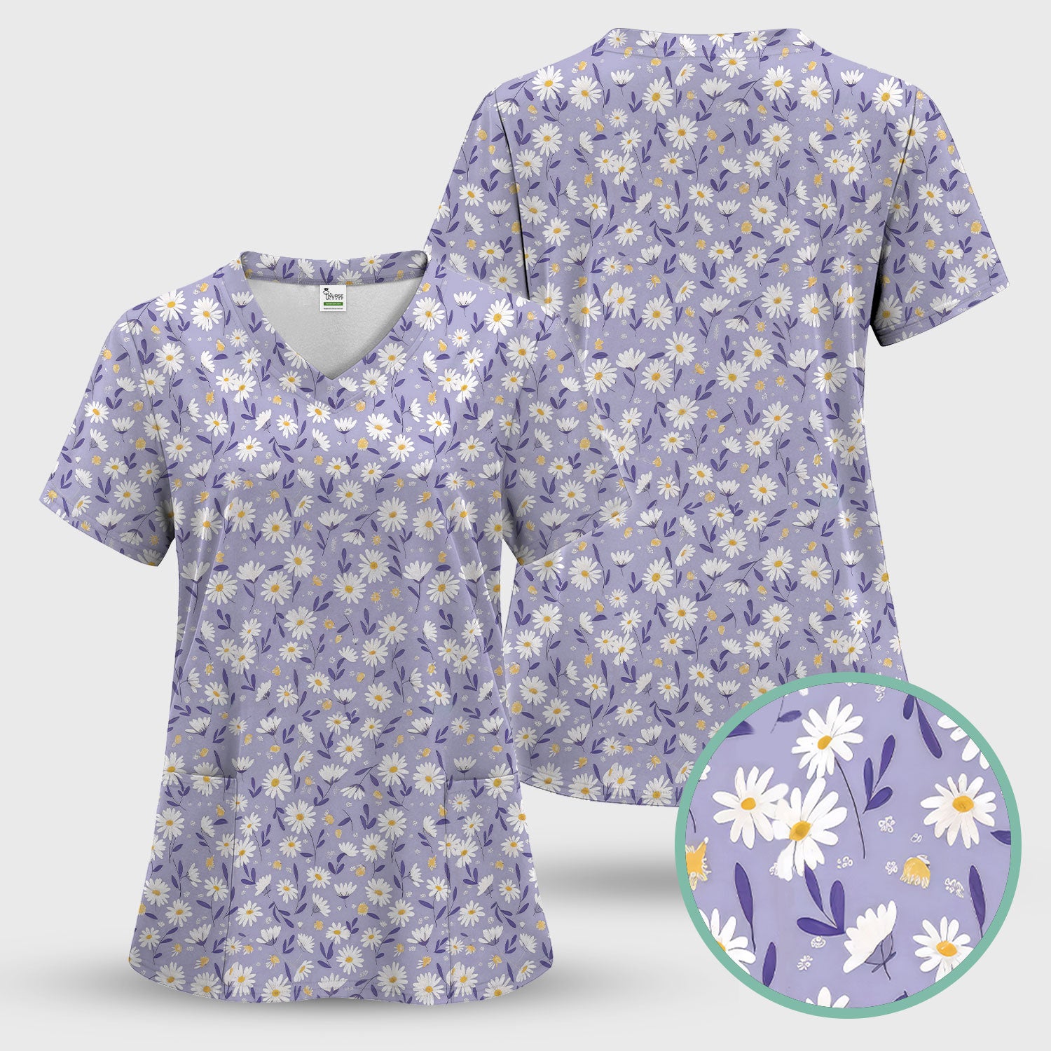 Cute Purple Daisy Botanical Print Scrub Top, Comfortable Scrubs For Nurses