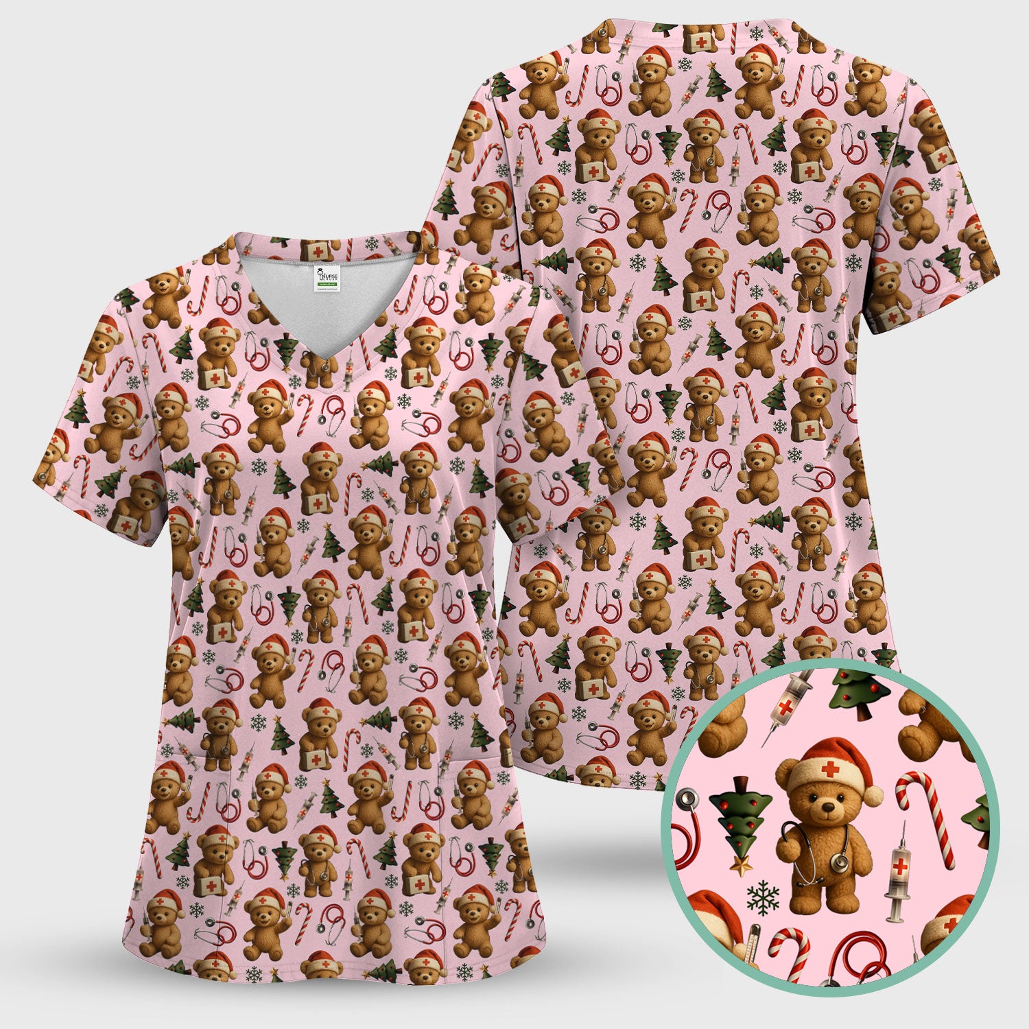 Gingerbread Bear Nurse Christmas Scrub Set - Cute Holiday Medical Pattern with Stethoscopes & Candy Canes - Festive Scrubs for Women