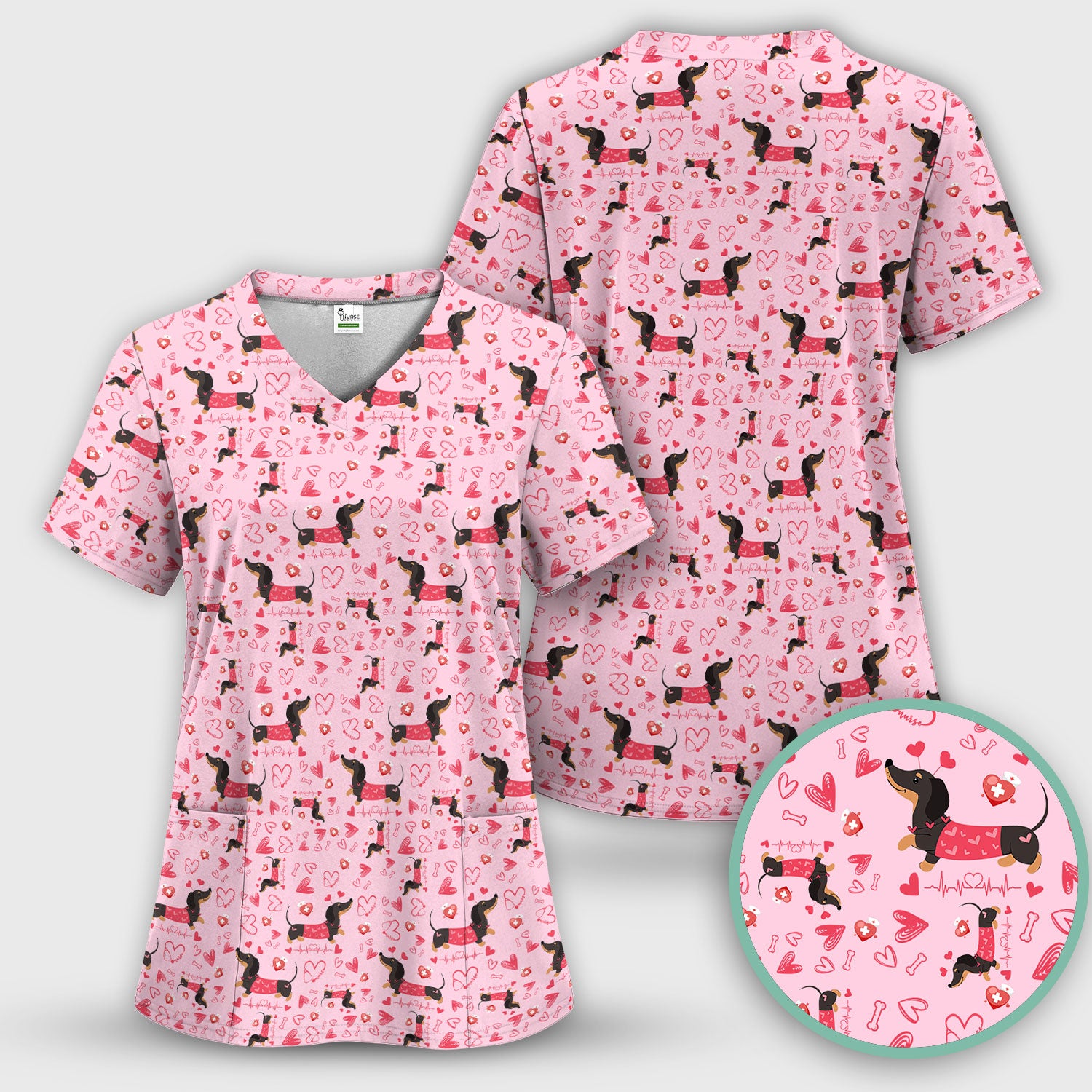 Dachshund Valentine Scrub Set, Cute Wiener Dog Heart Pattern Nurse Shirt, Breathable Fabrics Nursing Uniform