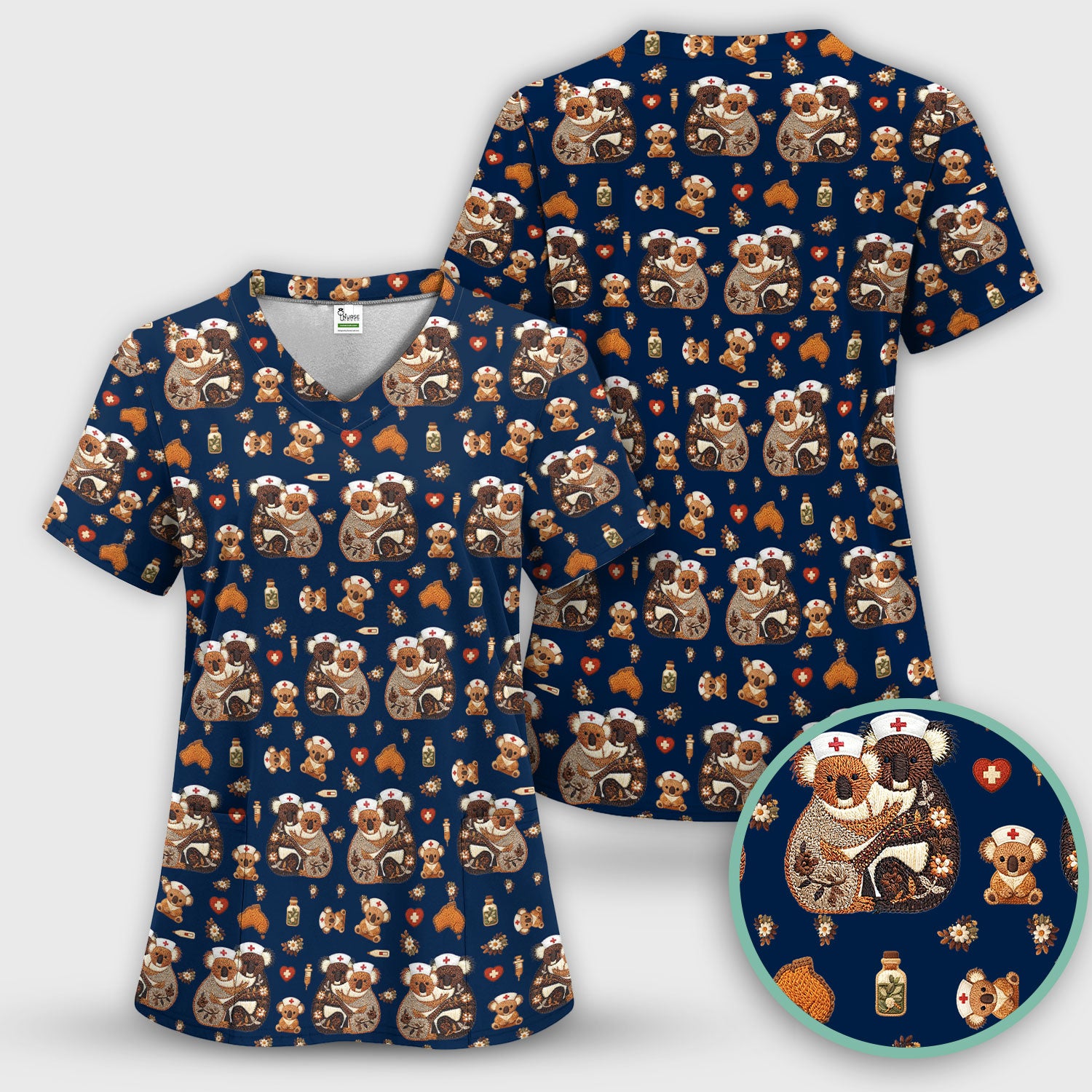 Cute Cartoon Koala Valentine Nurse Design Scrub Set, Breathable Med Uniform