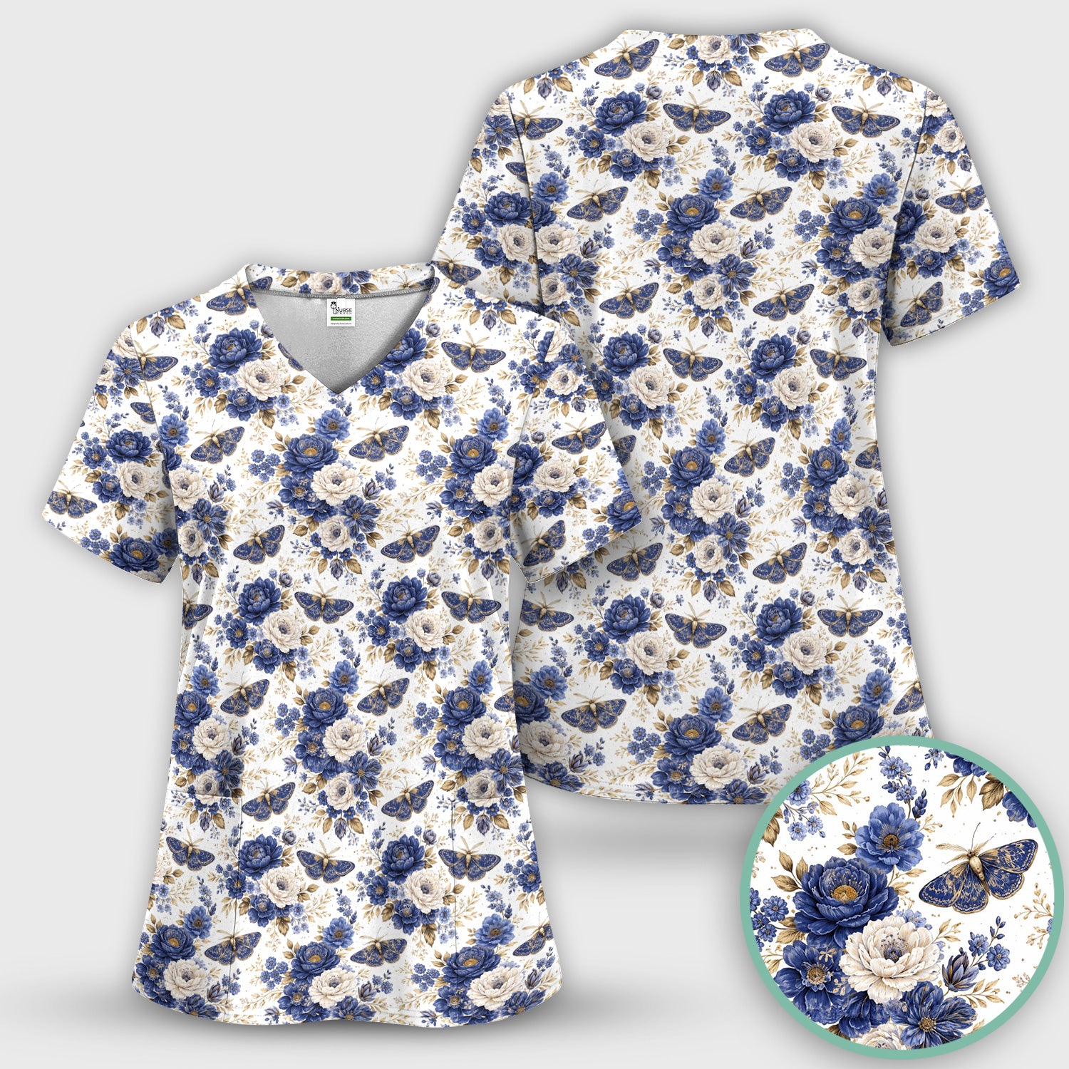 Cute Blue Floral Moth Pattern Scrub Top, Comfortable Scrubs for Nurses